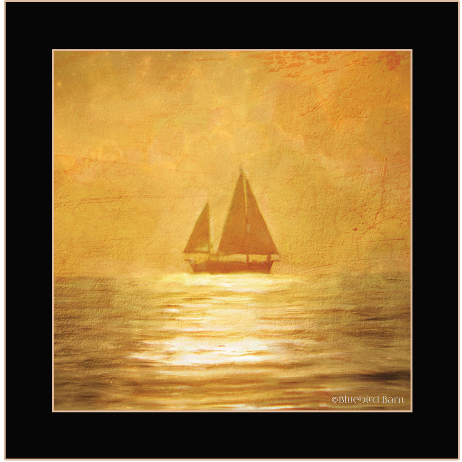 Solo Gold Sunset Sailboat Black Framed Print Wall Art