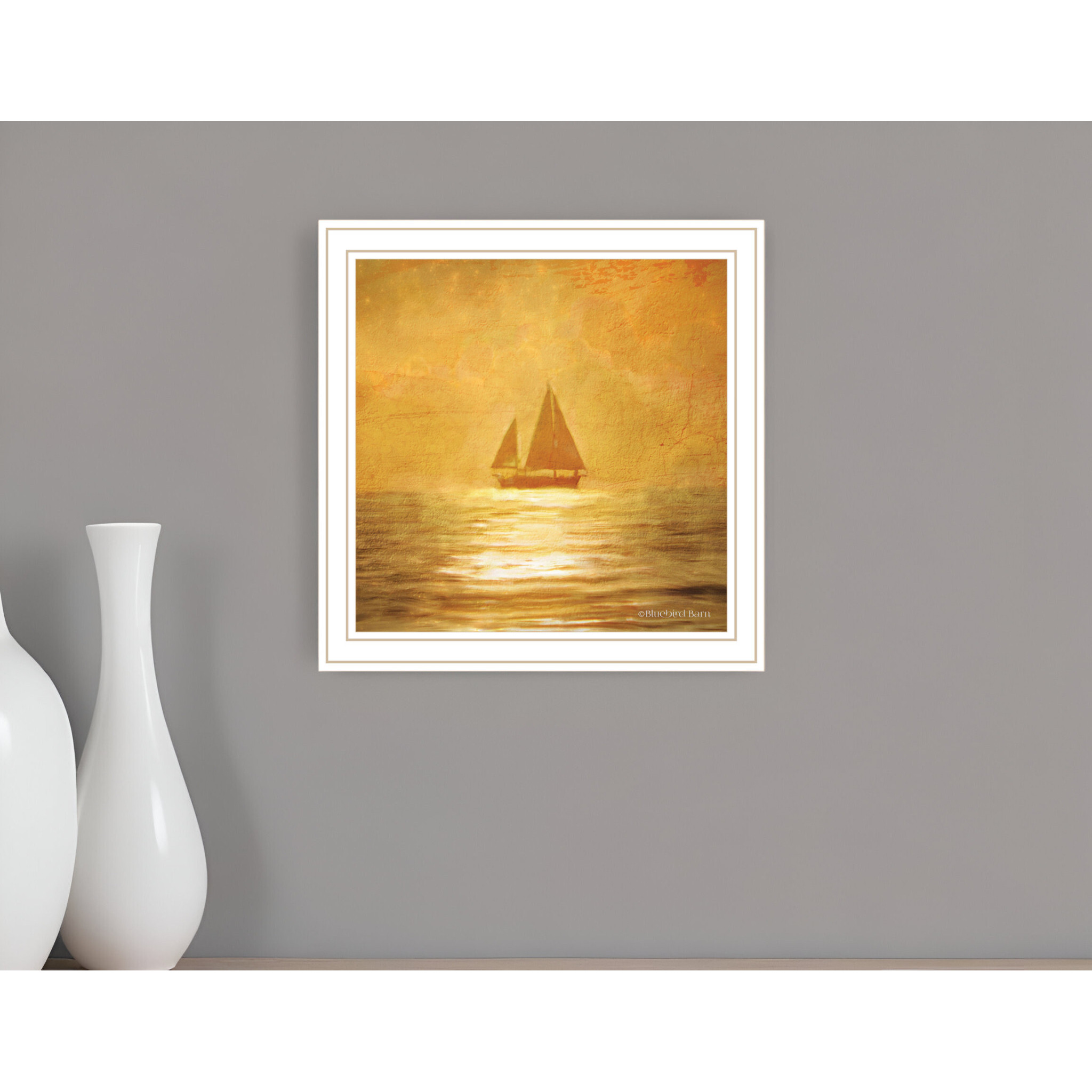 Solo Gold Sunset Sailboat White Framed Print Wall Art