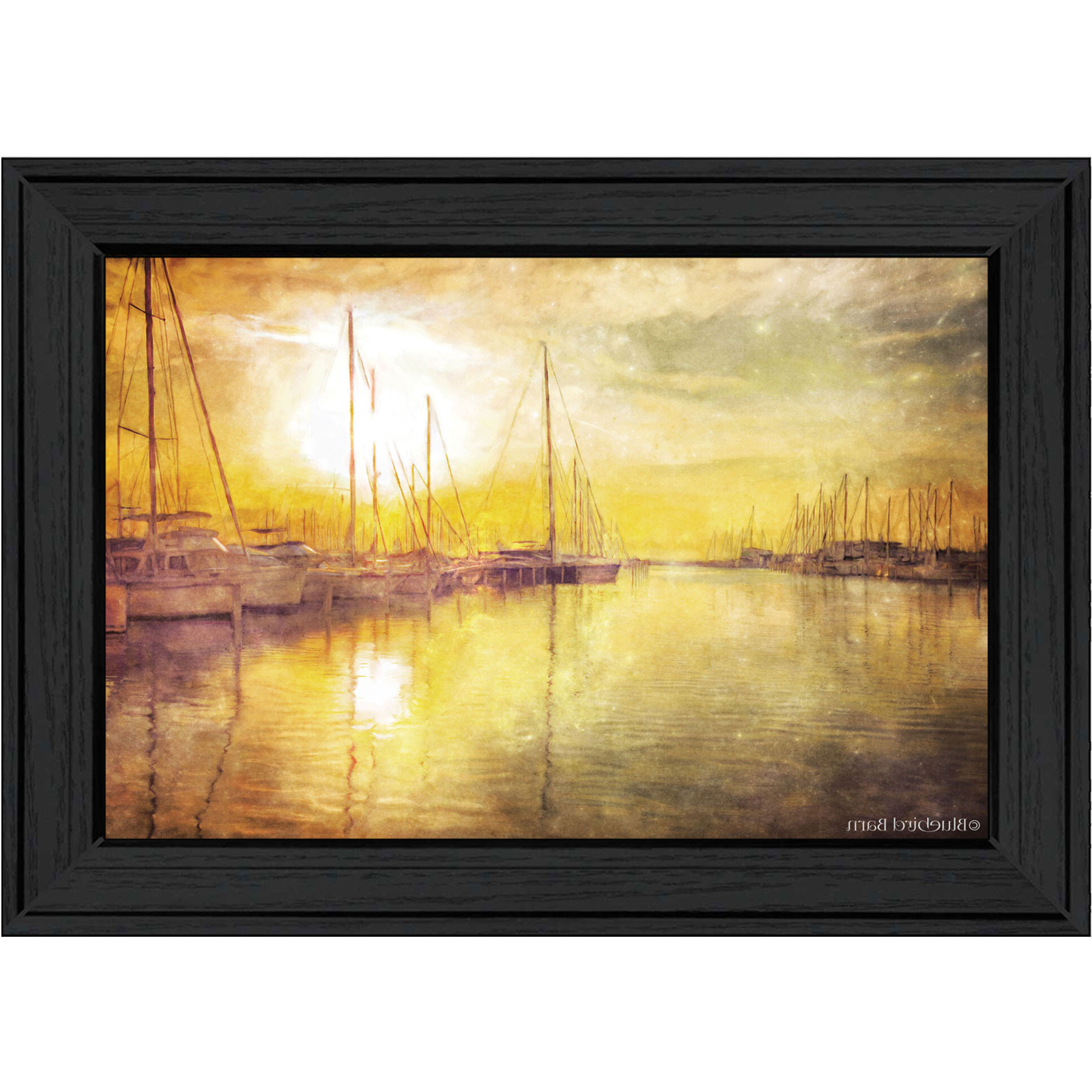 Yellow Sunset Boats In Marina Black Framed Print Wall Art