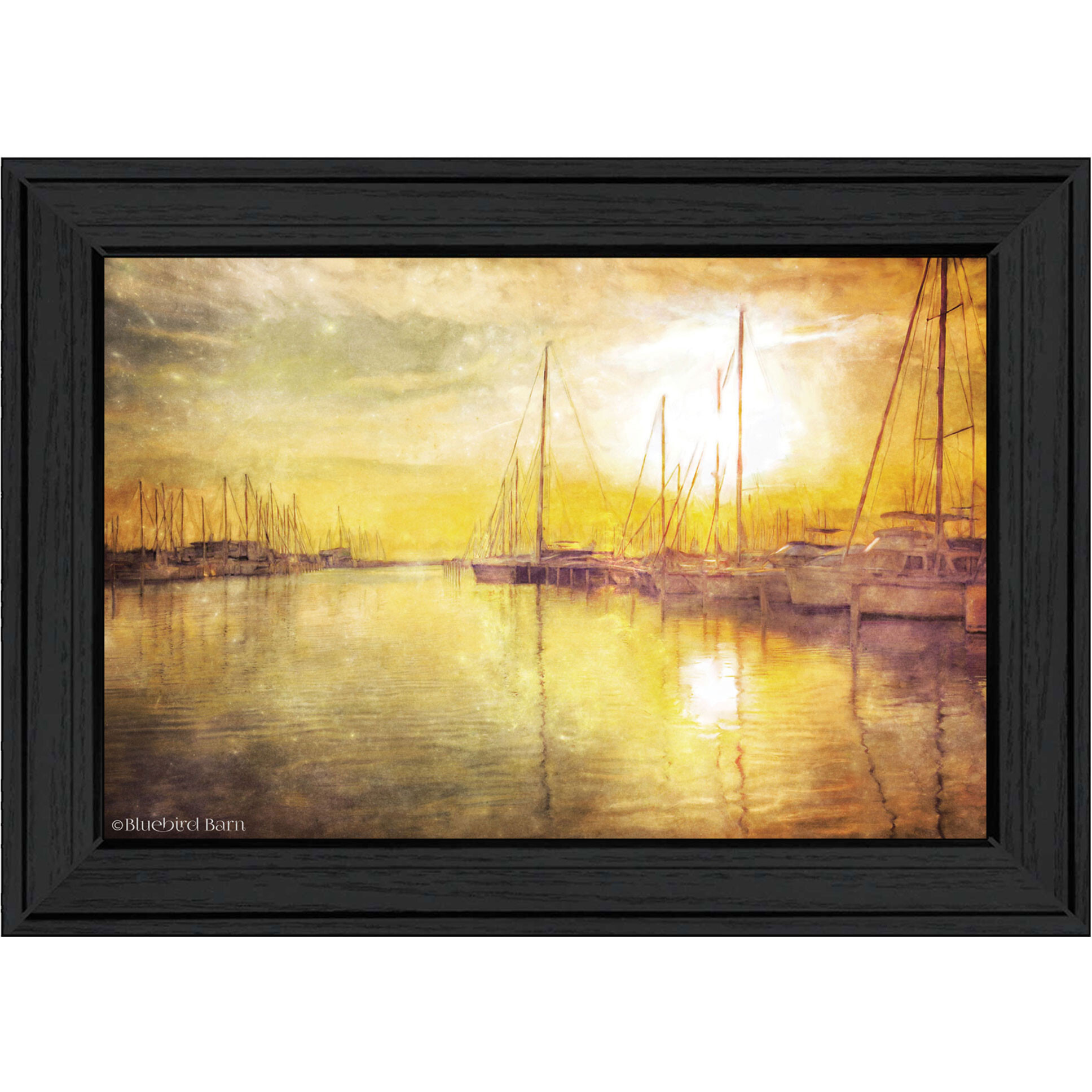 Yellow Sunset Boats In Marina Black Framed Print Wall Art