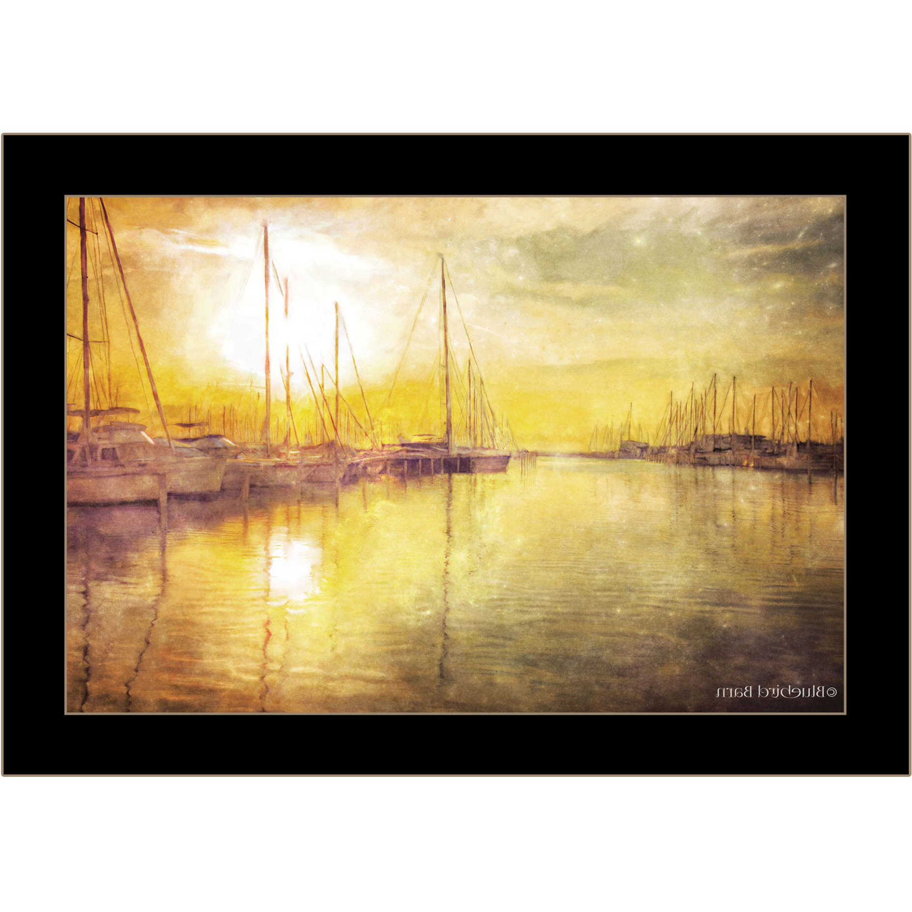 Yellow Sunset Boats In Marina Black Framed Print Wall Art