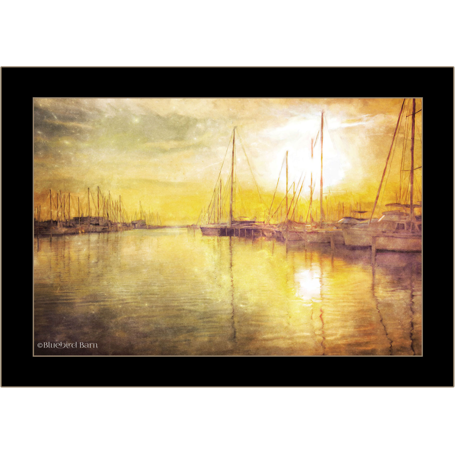 Yellow Sunset Boats In Marina Black Framed Print Wall Art