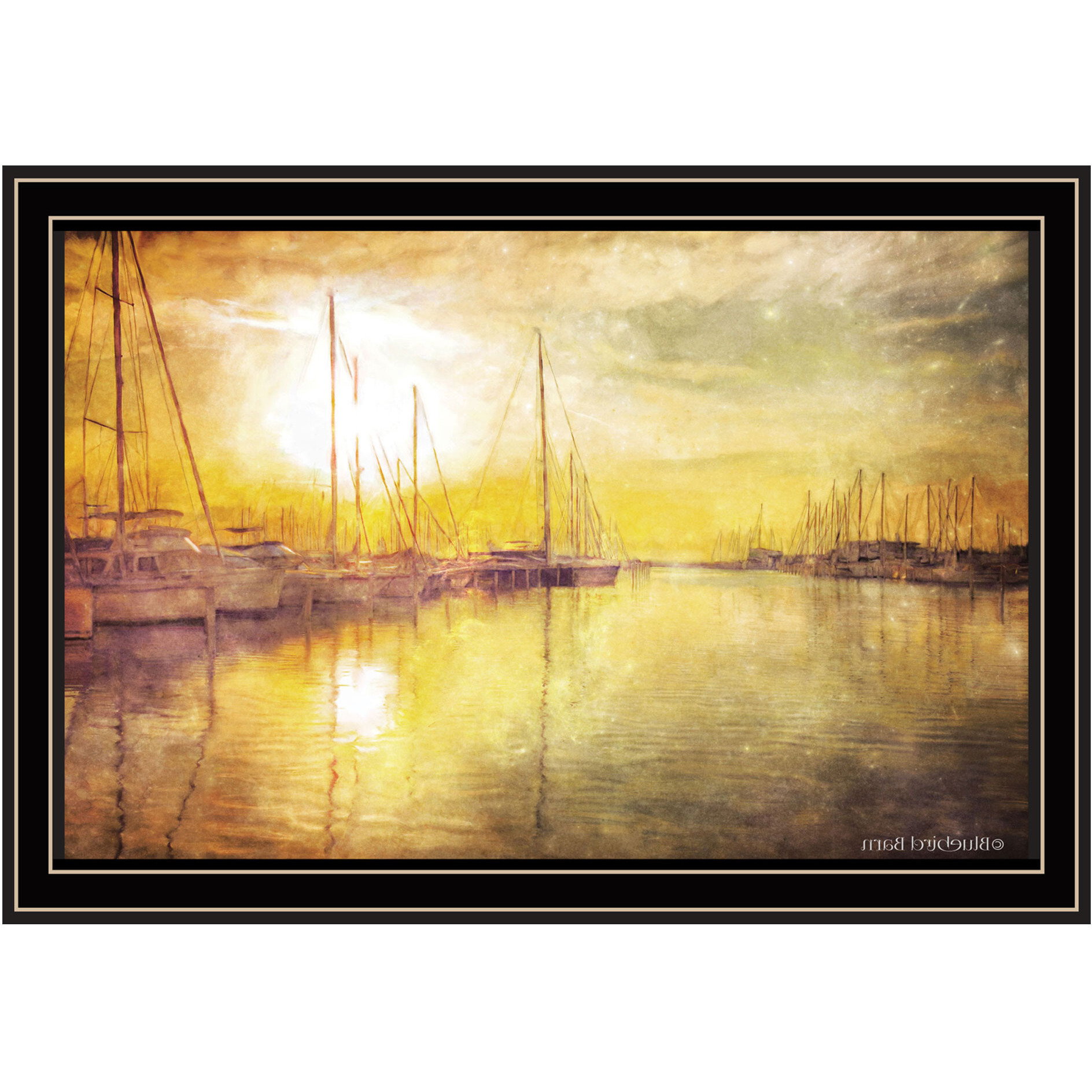 Yellow Sunset Boats In Marina Black Framed Print Wall Art