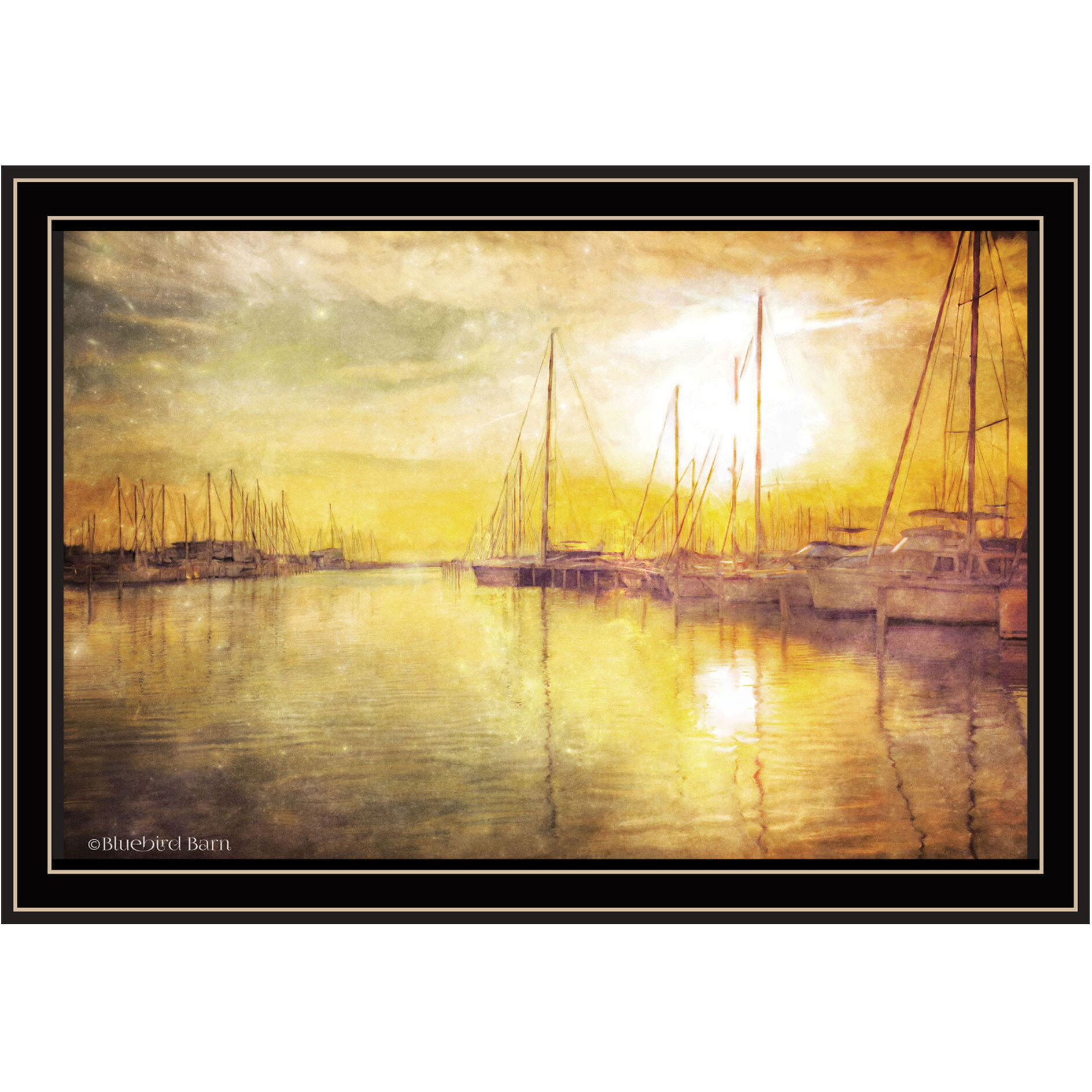 Yellow Sunset Boats In Marina Black Framed Print Wall Art
