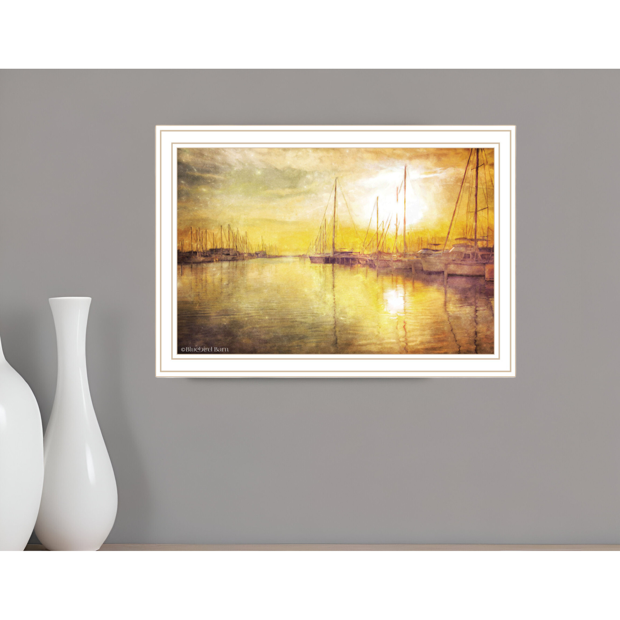 Yellow Sunset Boats In Marina White Framed Print Wall Art