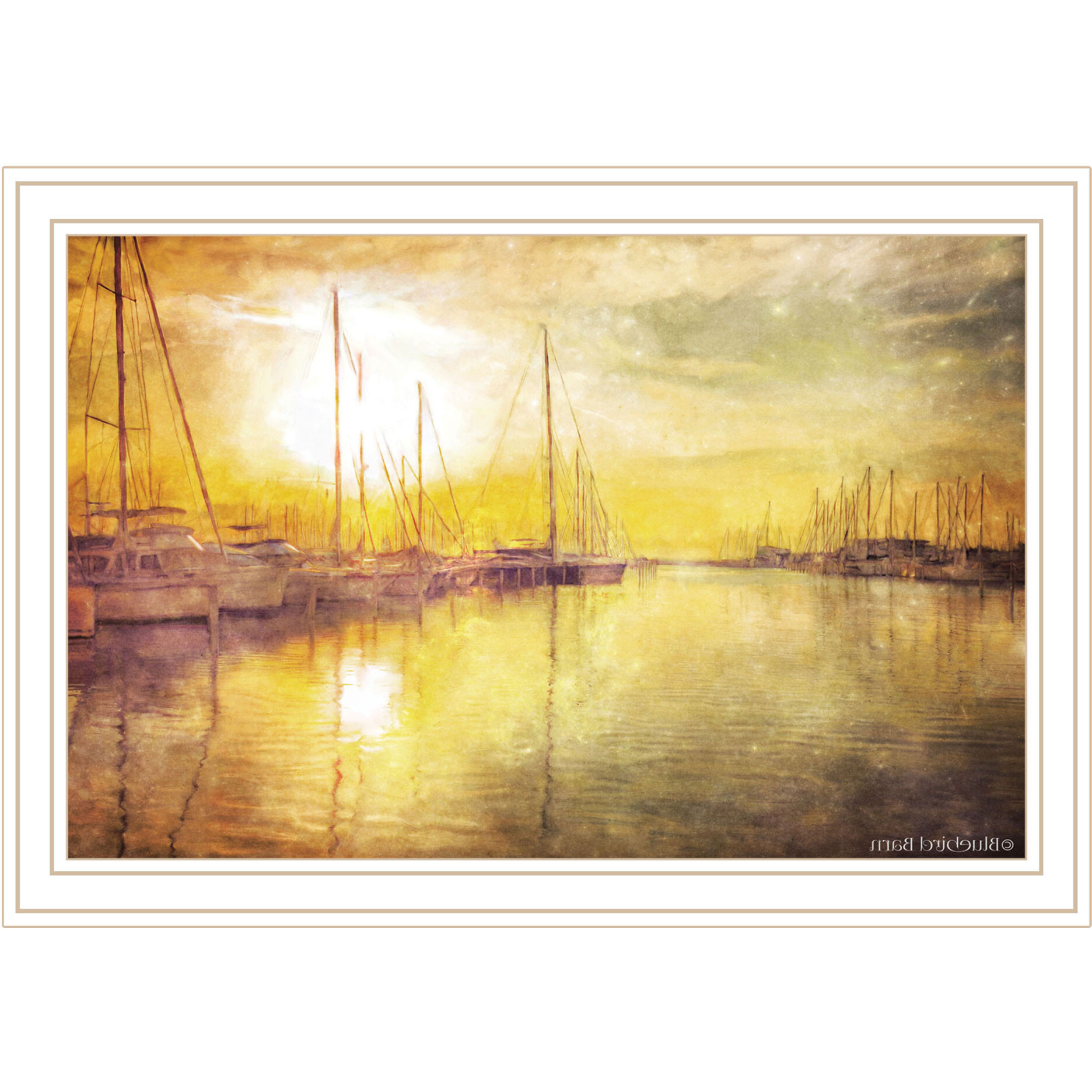 Yellow Sunset Boats In Marina White Framed Print Wall Art