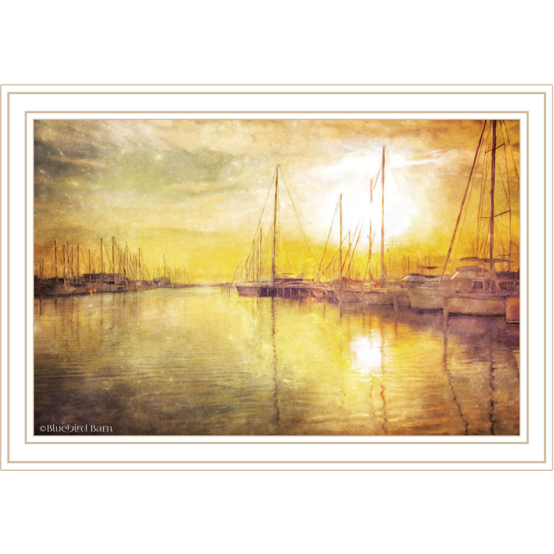 Yellow Sunset Boats In Marina White Framed Print Wall Art