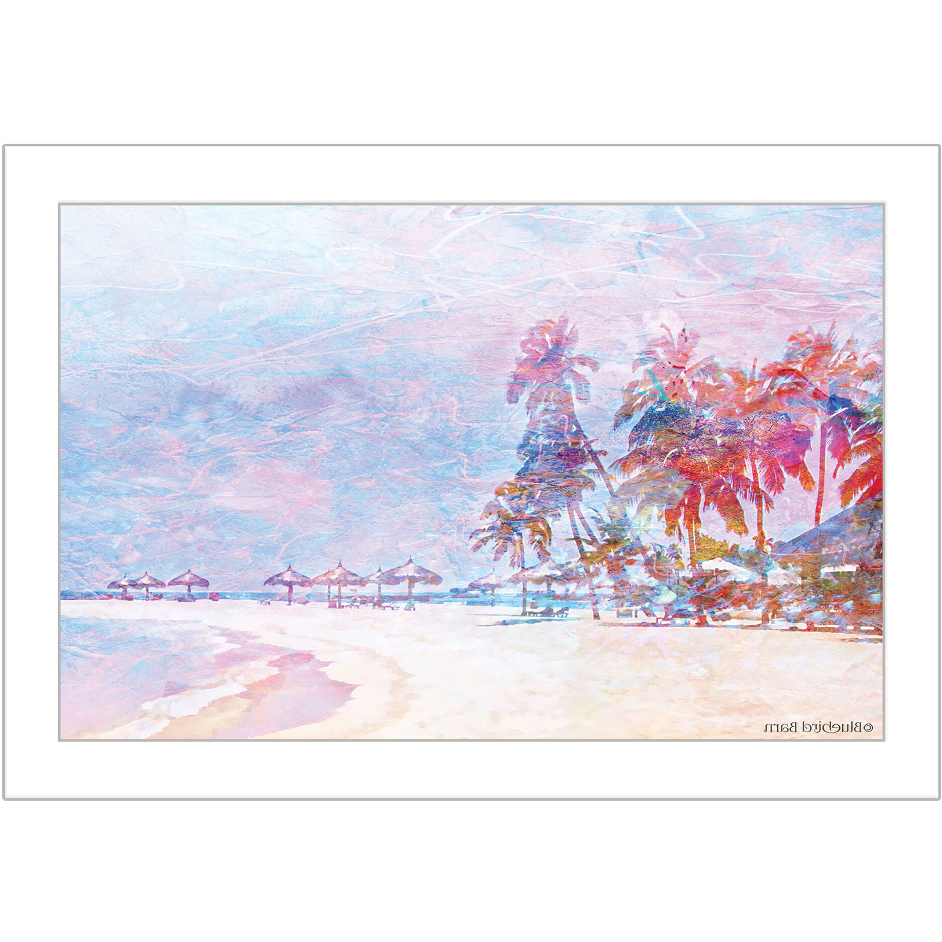 Rainbow Bright Sandy Beach with Umbrellas White Framed Print Wall Art