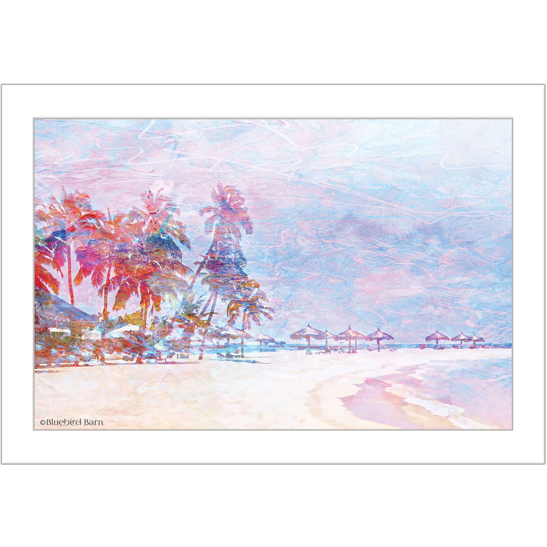Rainbow Bright Sandy Beach with Umbrellas White Framed Print Wall Art