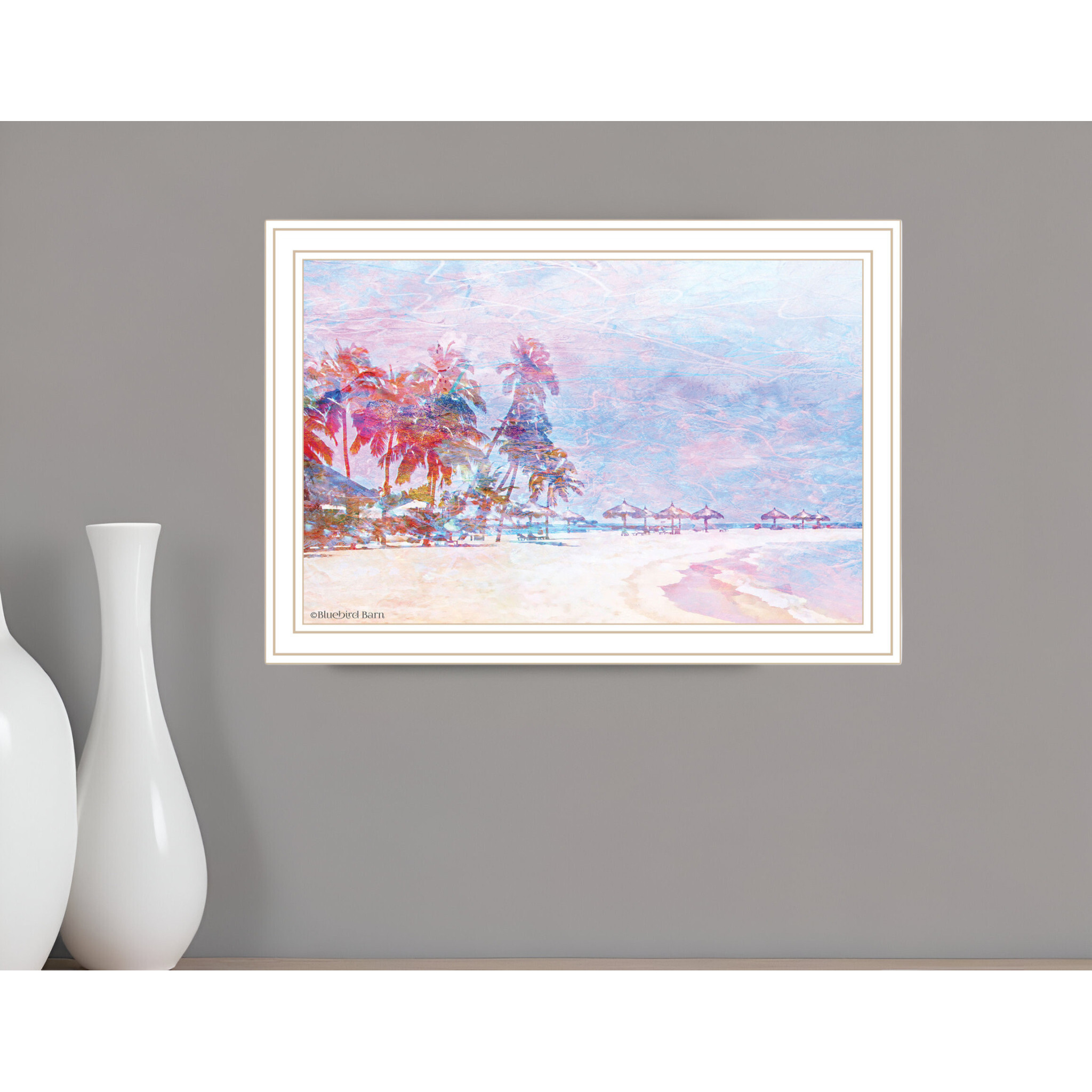 Rainbow Bright Sandy Beach with Umbrellas White Framed Print Wall Art
