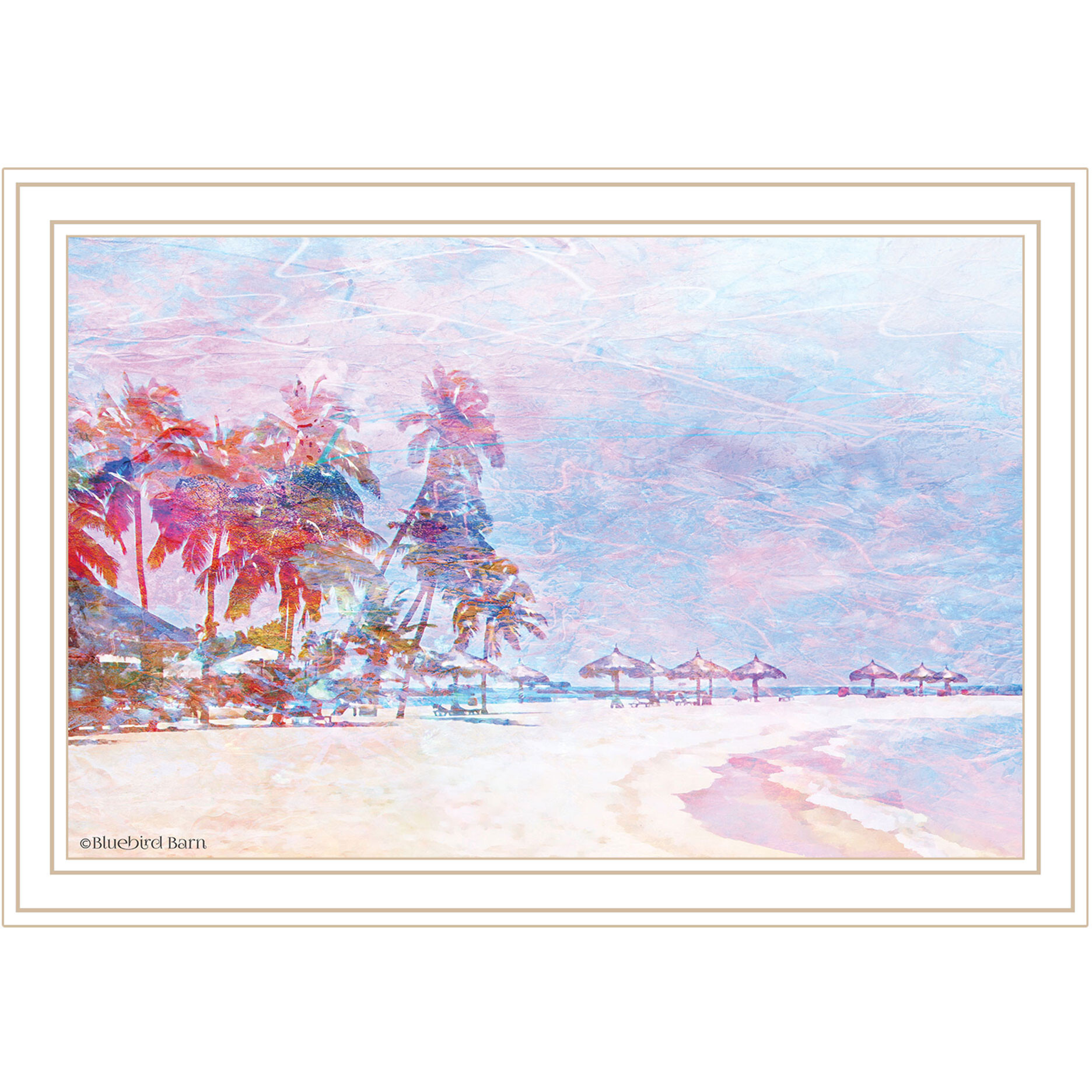 Rainbow Bright Sandy Beach with Umbrellas White Framed Print Wall Art