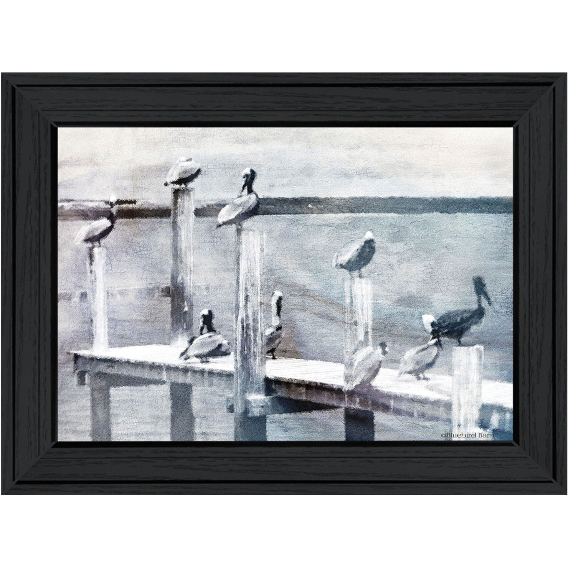 Birds on a Pier Black Framed Print Wall Art