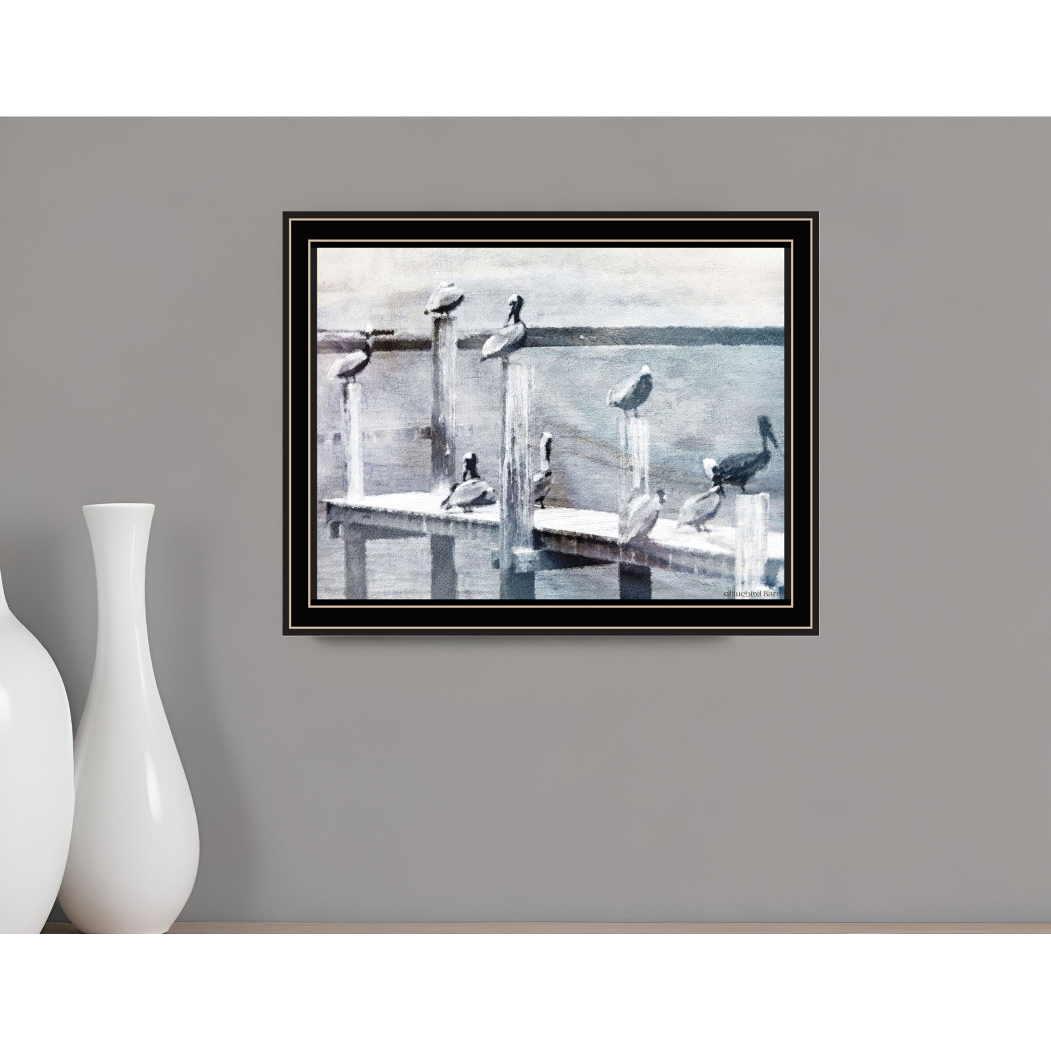 Birds on the Pier Black Framed Print Wall Art