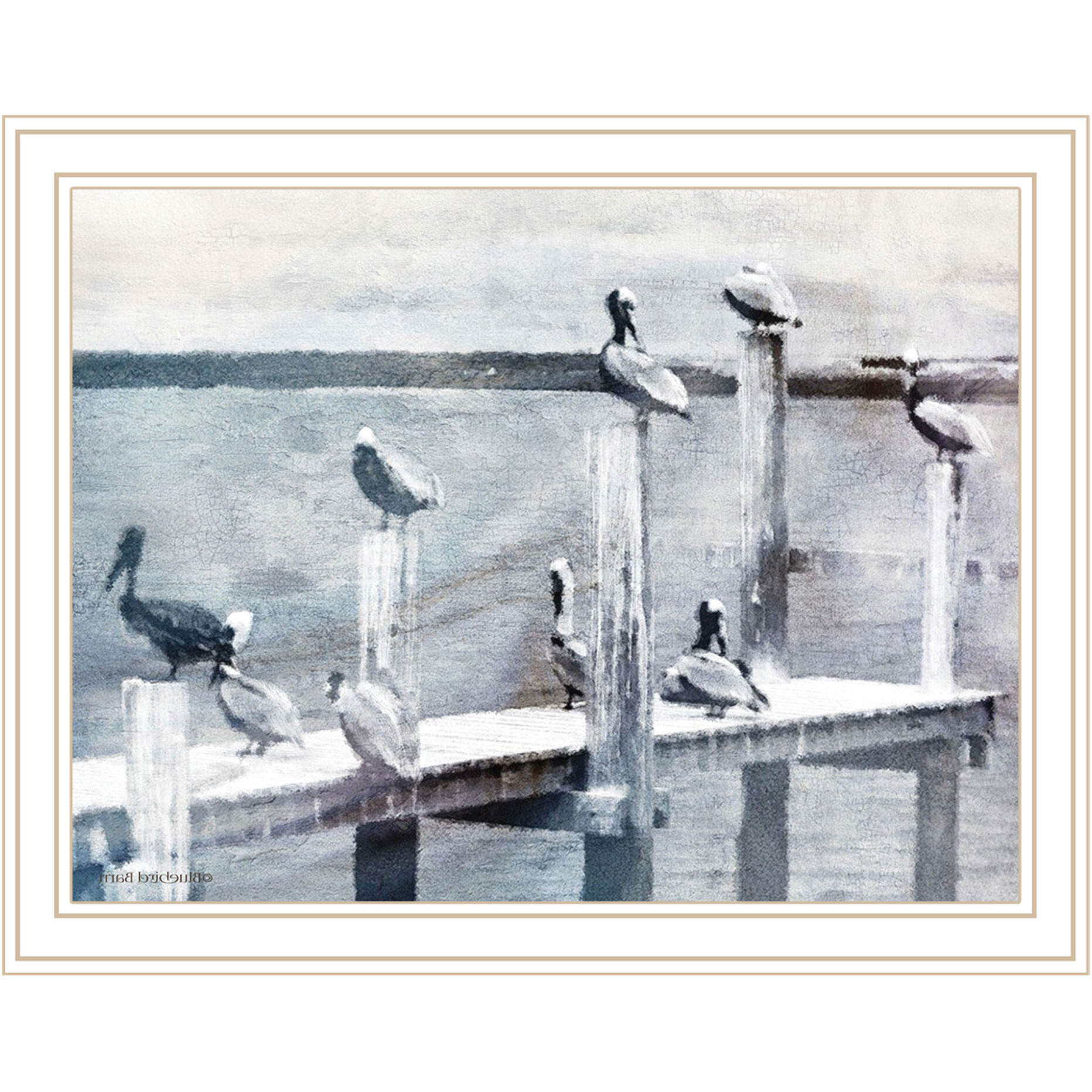 Birds on the Pier White Framed Print Wall Art
