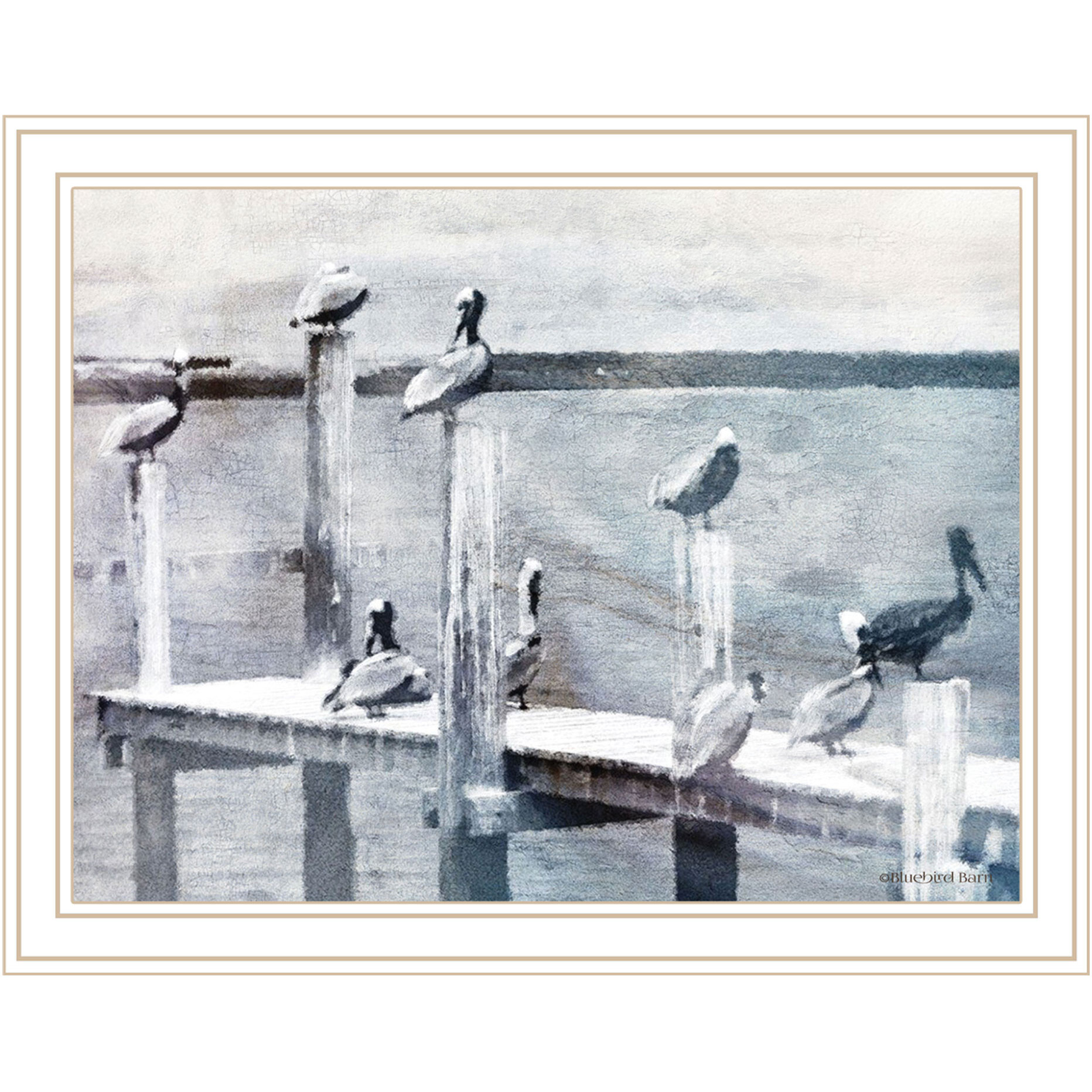 Birds on the Pier White Framed Print Wall Art