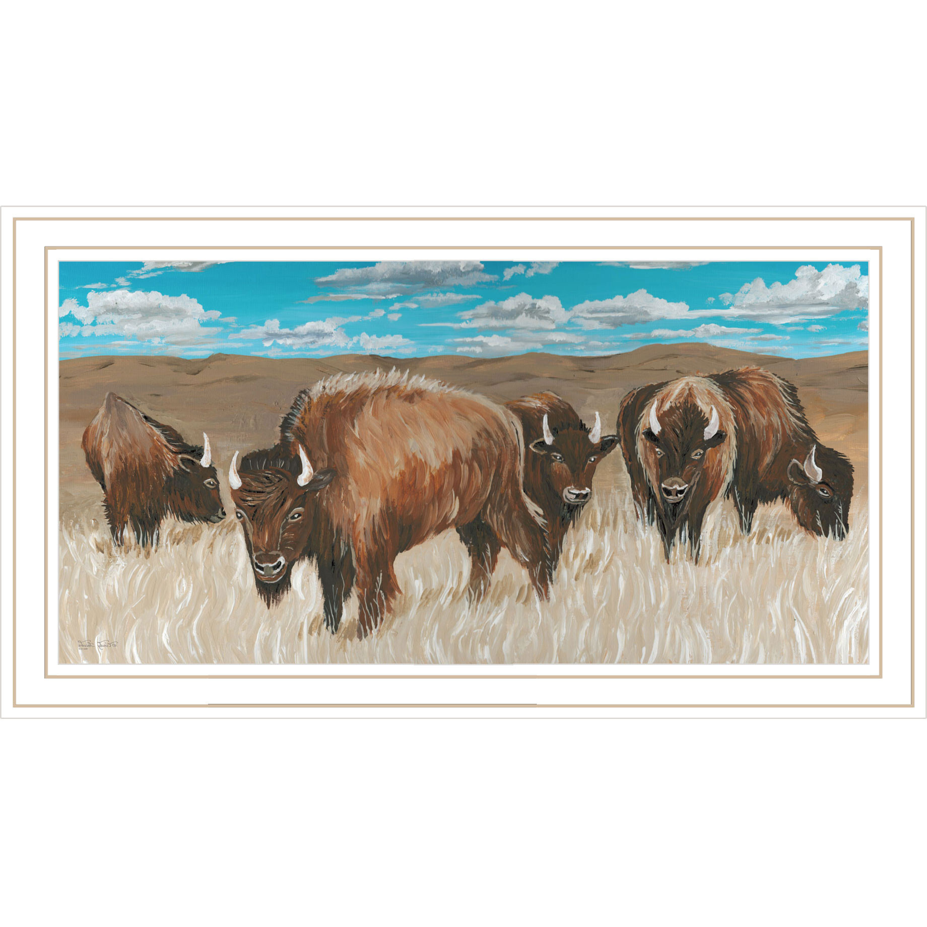 Bison Herd White Framed Print Wall Art