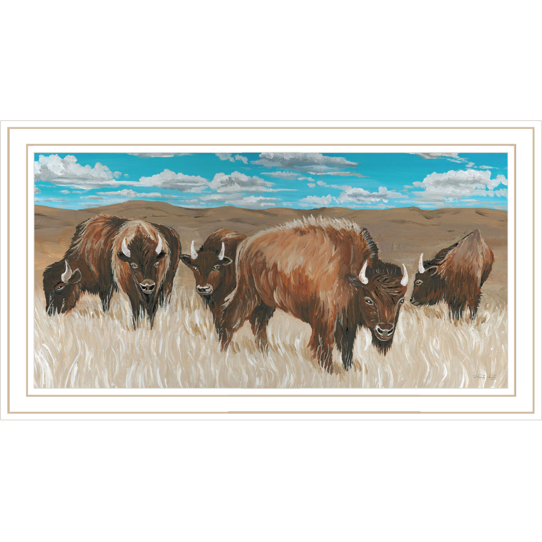 Bison Herd White Framed Print Wall Art