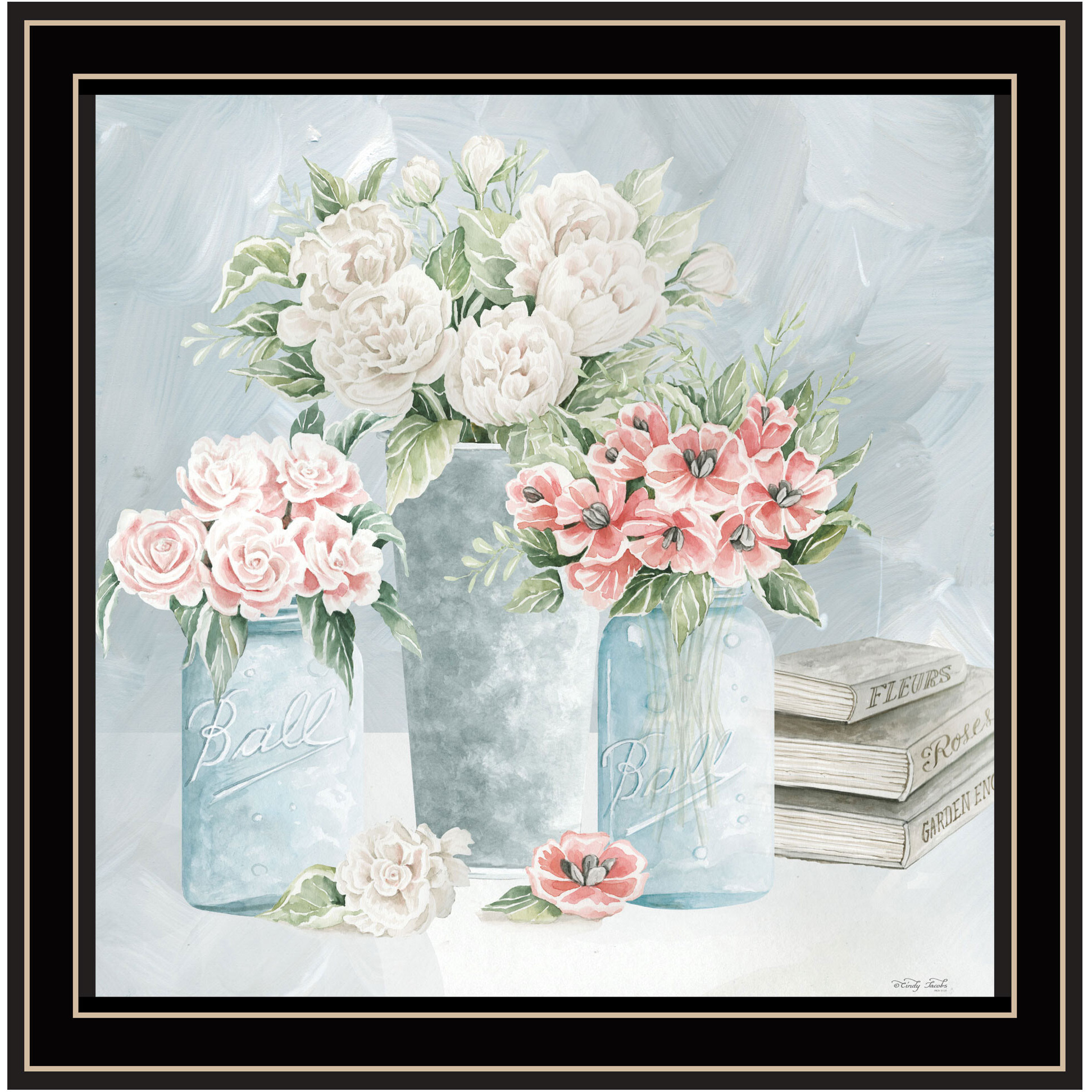 Pastel Peonies Pretties Black Framed Print Wall Art