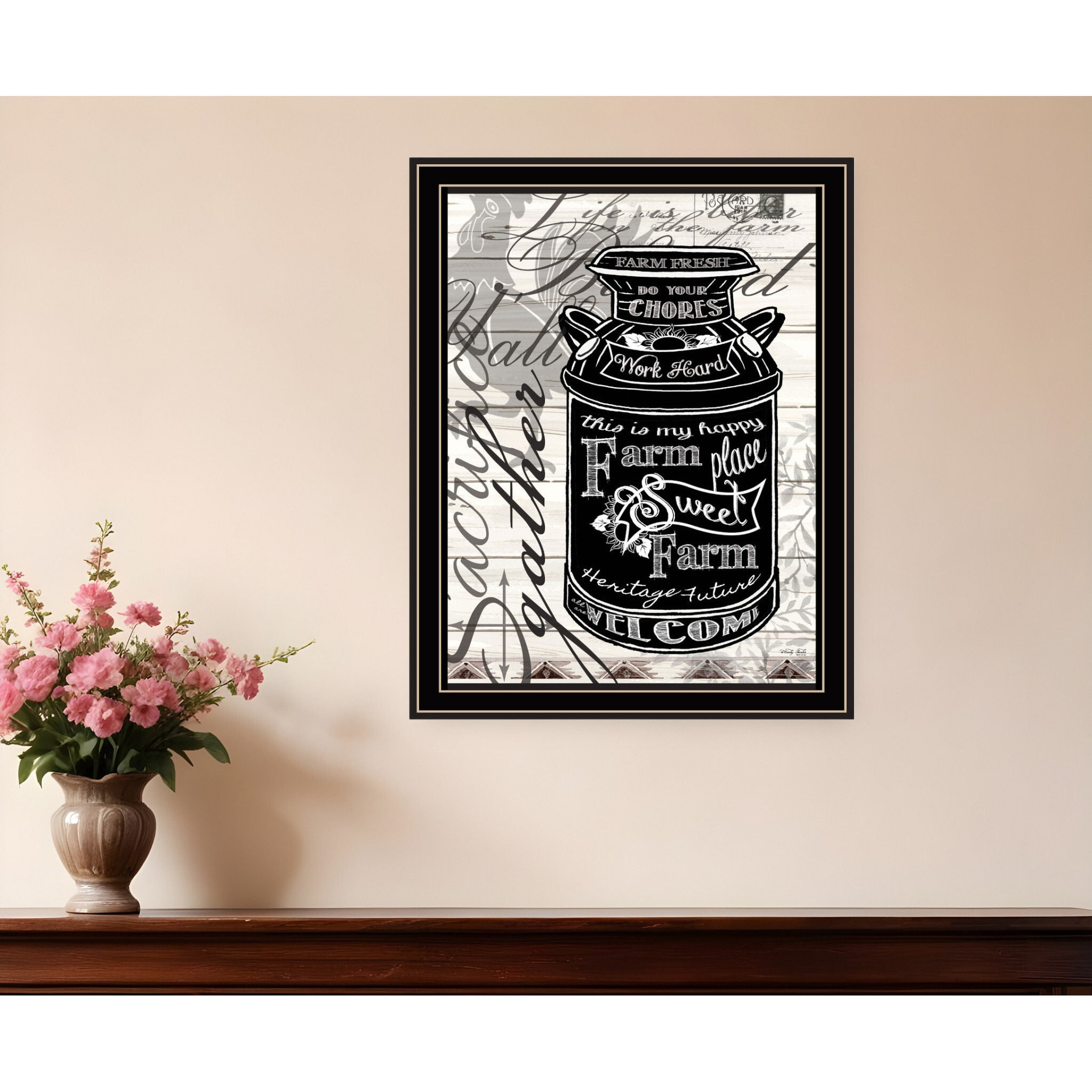 FARM SWEET FARM MILK CAN Black Framed Print Wall Art