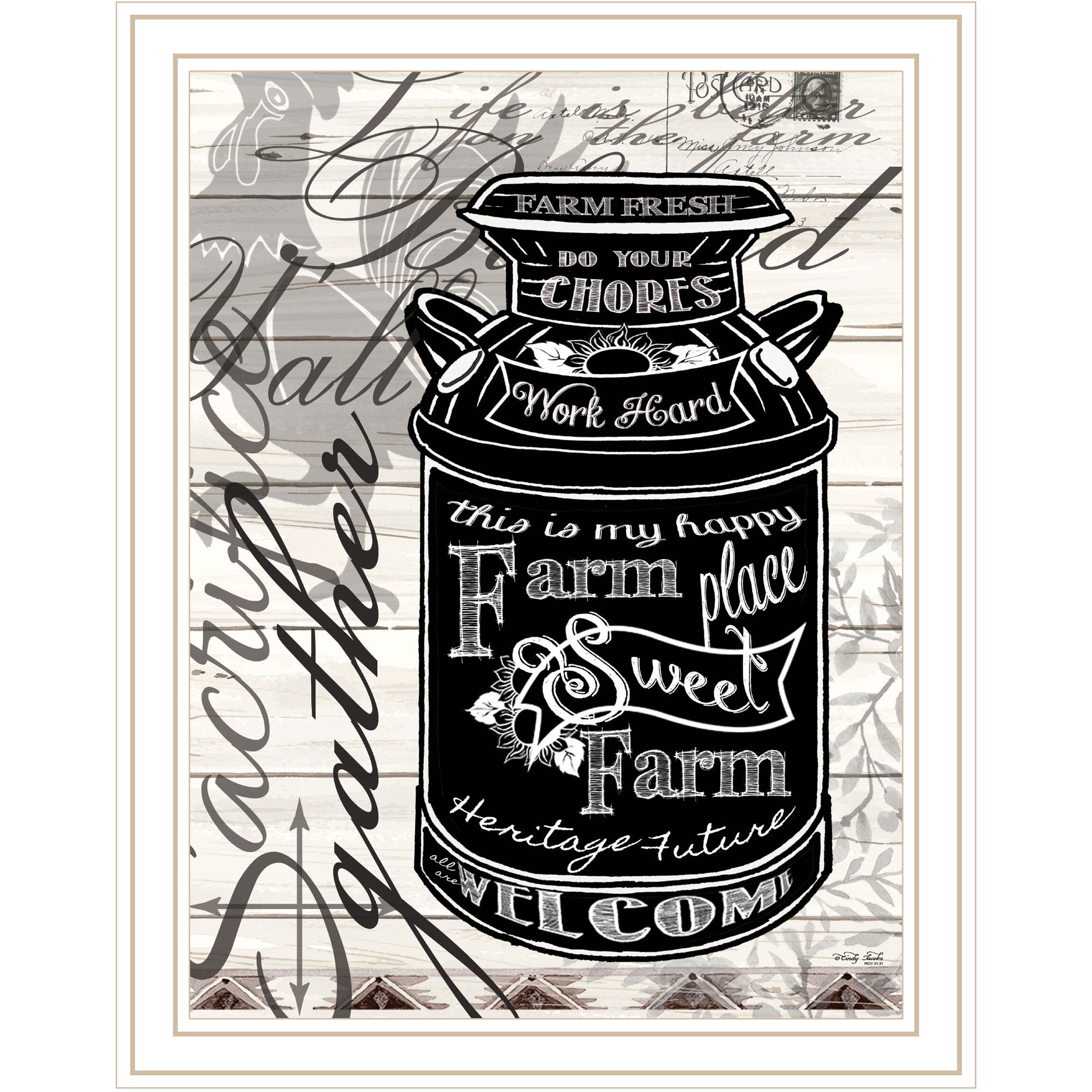 FARM SWEET FARM MILK CAN White Framed Print Wall Art
