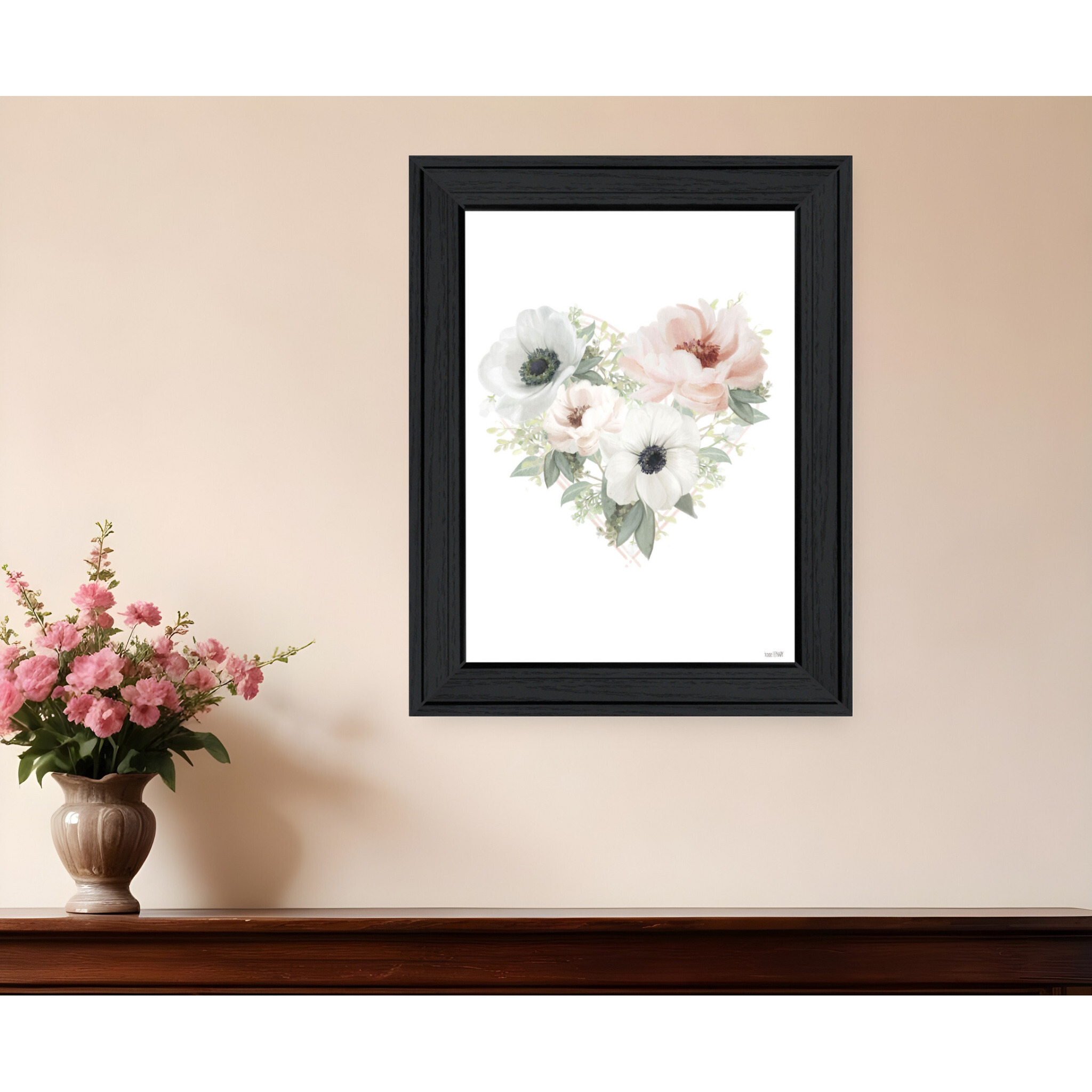 Floral Heart Black Framed Print Wall Art