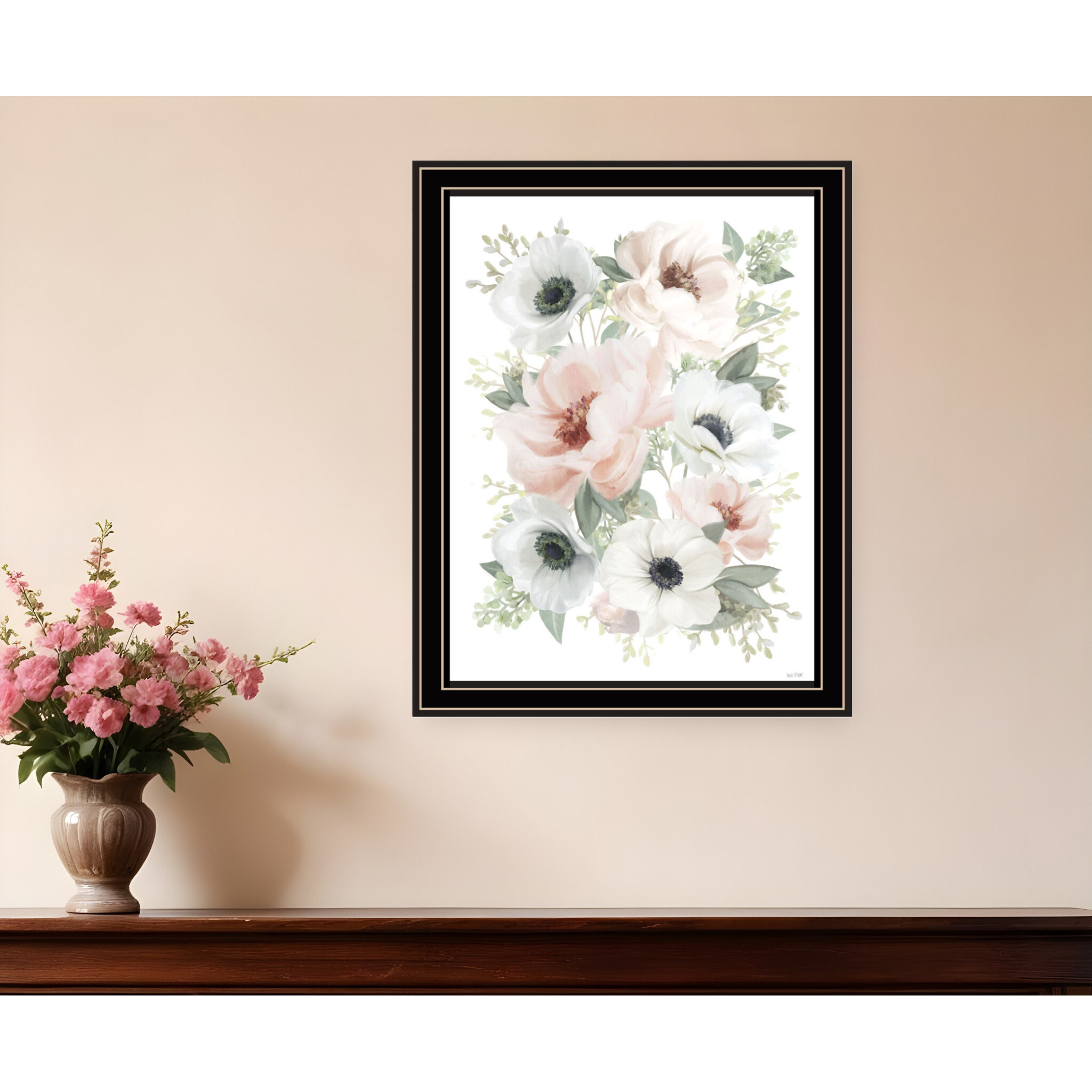 Peony Floral Block Black Framed Print Wall Art