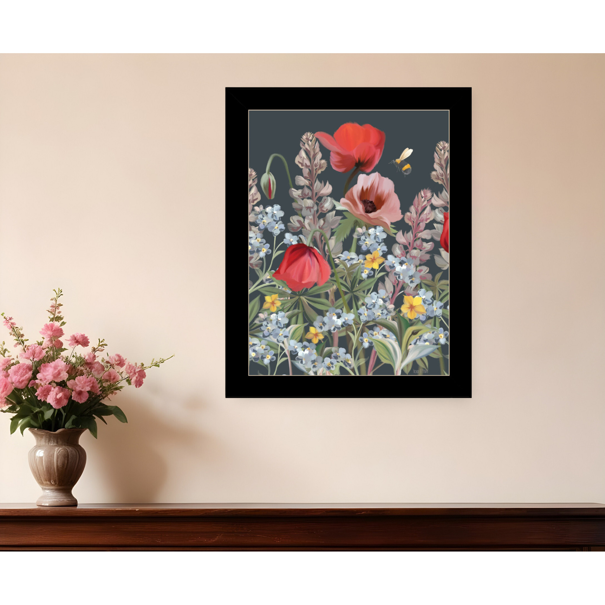 Summer Garden Buzz Black Framed Print Wall Art