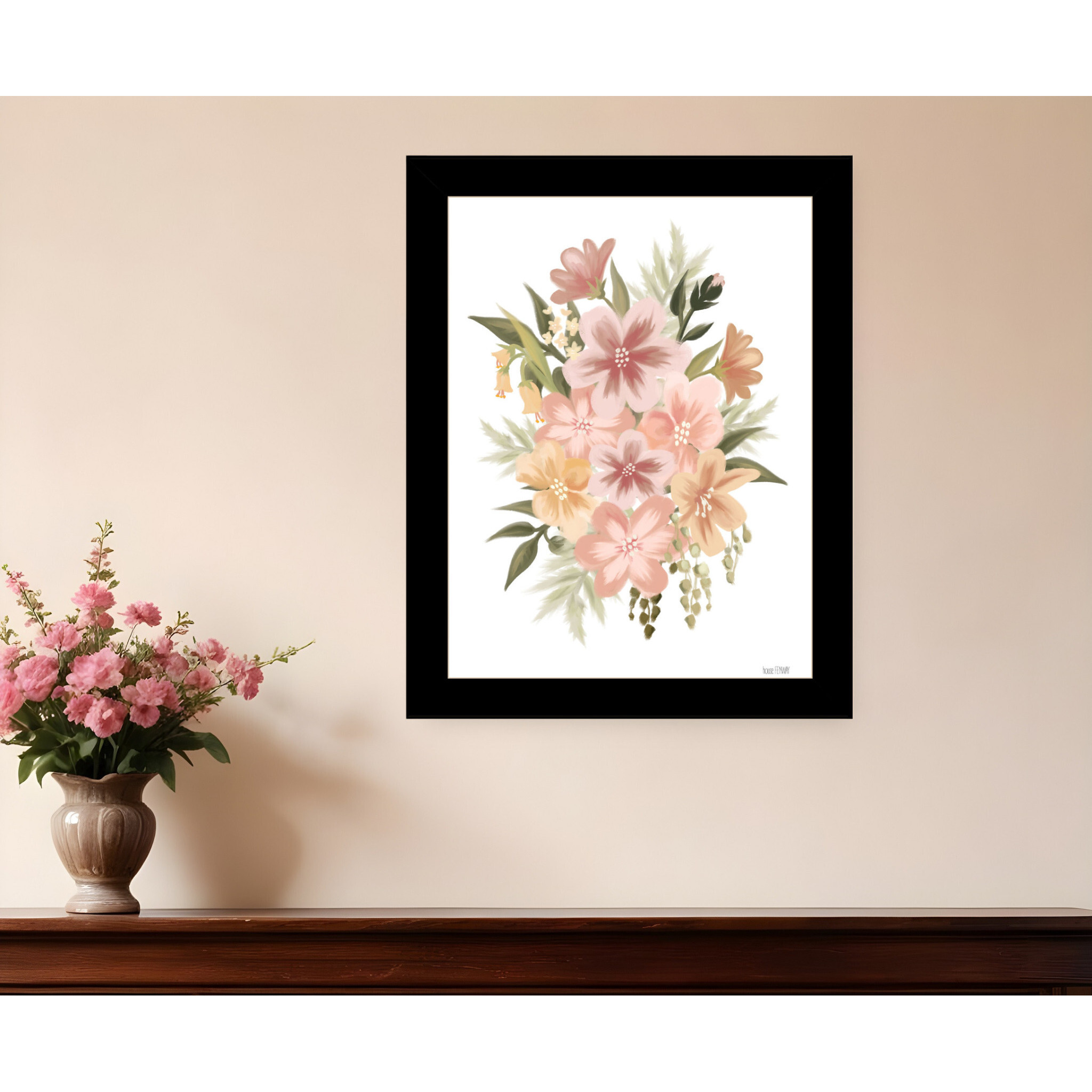 Peachy Petals Black Framed Print Wall Art