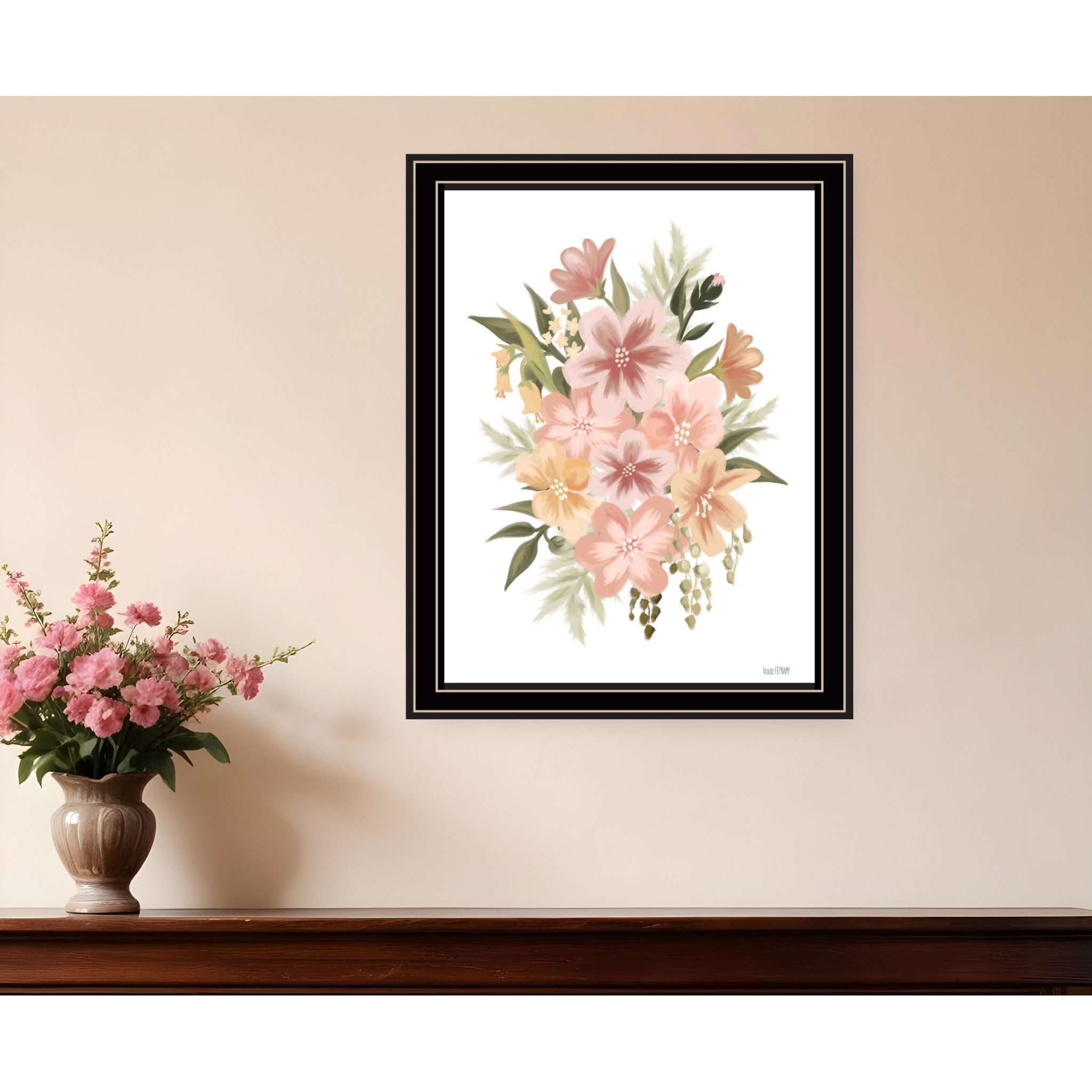 Peachy Petals Black Framed Print Wall Art