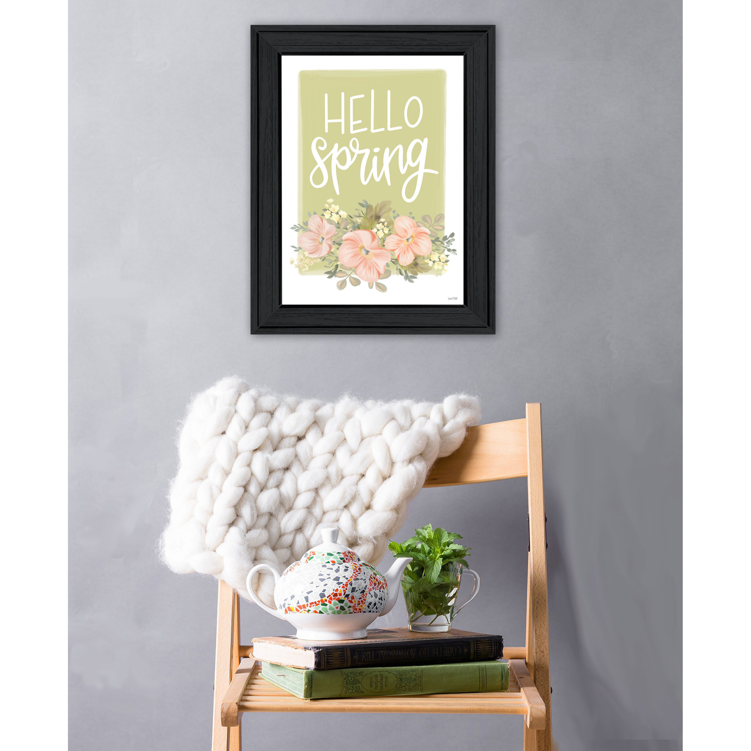 Hello Spring Floral Black Framed Print Wall Art