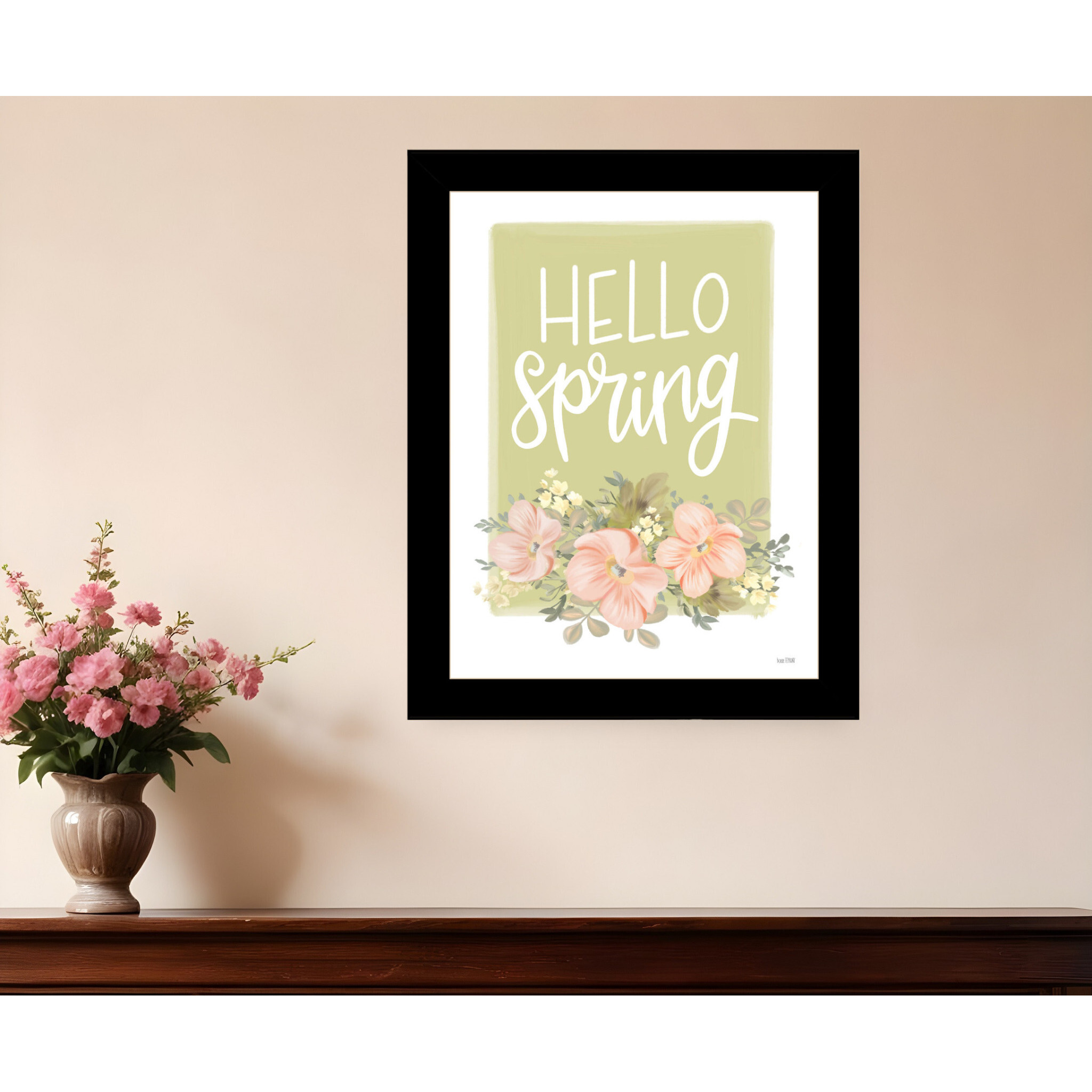 Hello Spring Floral Black Framed Print Wall Art
