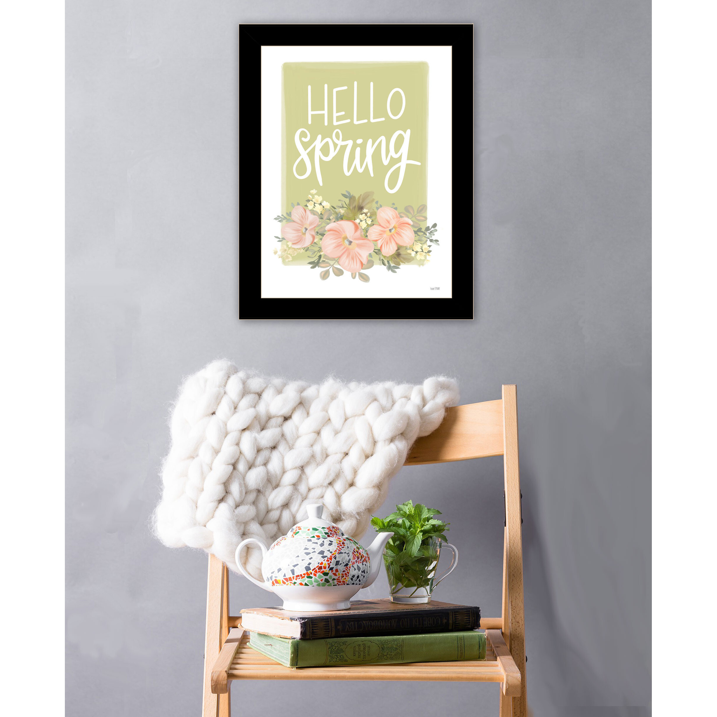 Hello Spring Floral Black Framed Print Wall Art