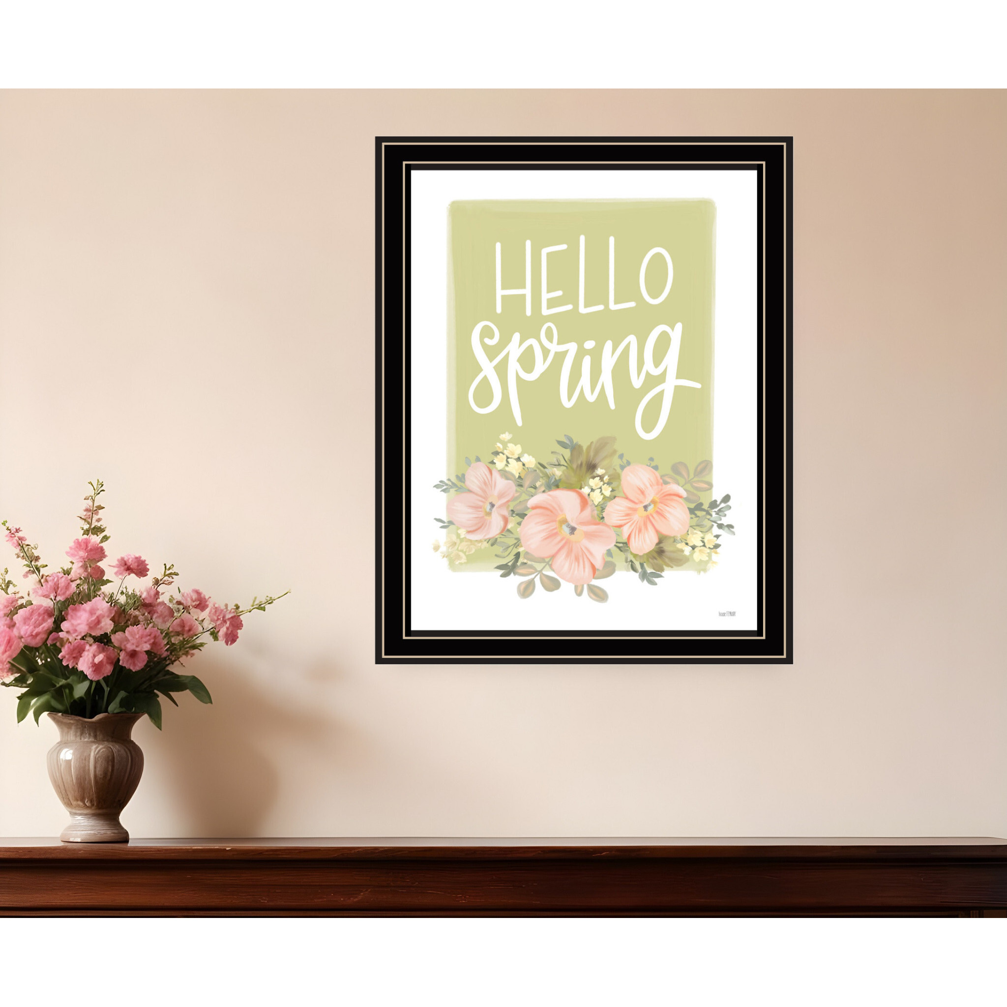Hello Spring Floral Black Framed Print Wall Art