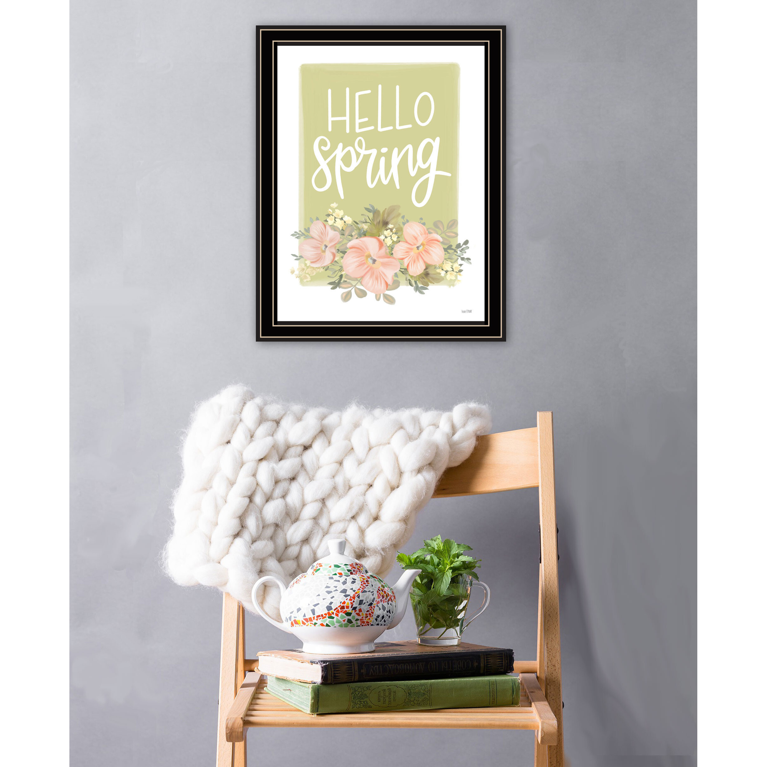 Hello Spring Floral Black Framed Print Wall Art