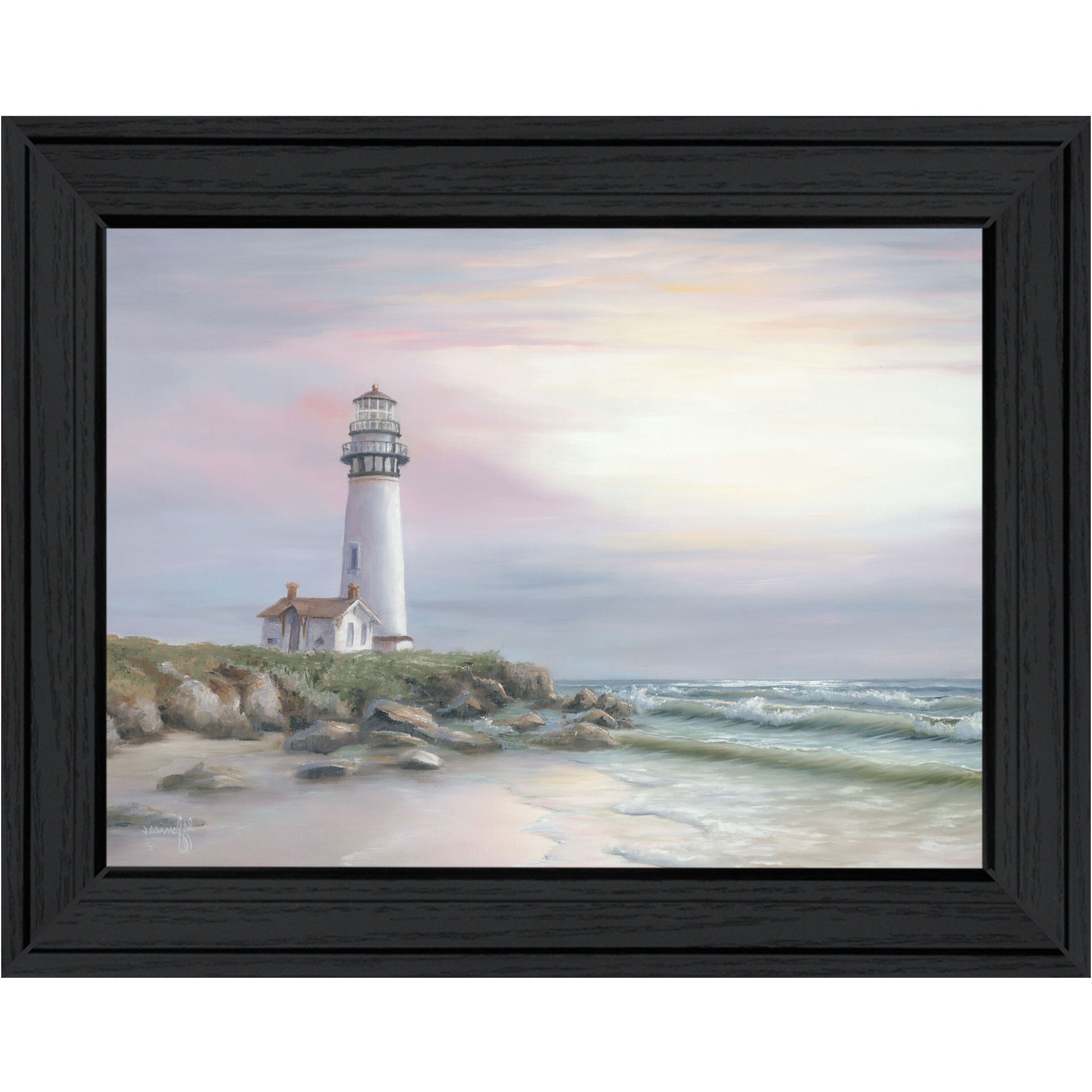 Lighthouse at Sunset Black Framed Print Wall Art