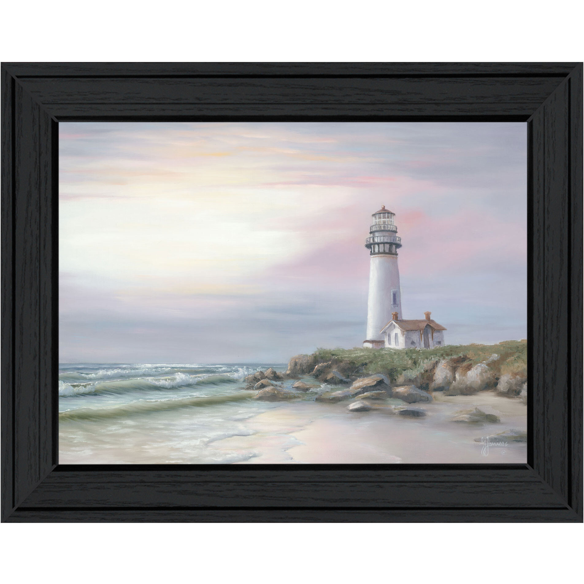 Lighthouse at Sunset Black Framed Print Wall Art