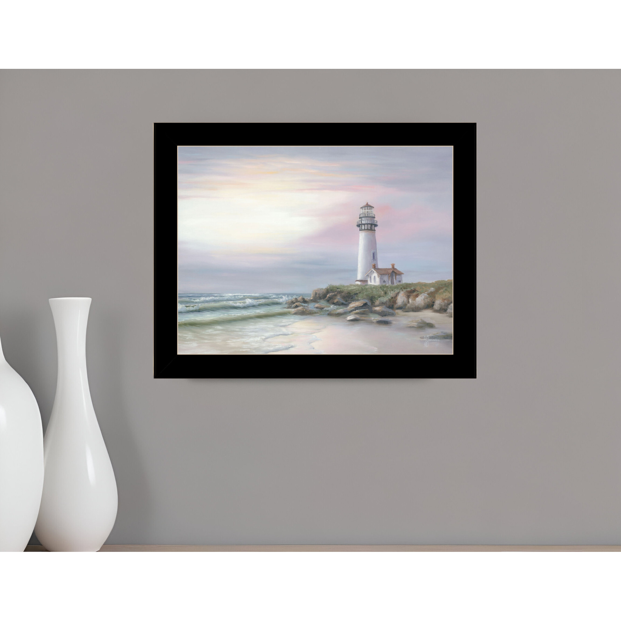 Lighthouse at Sunset Black Framed Print Wall Art