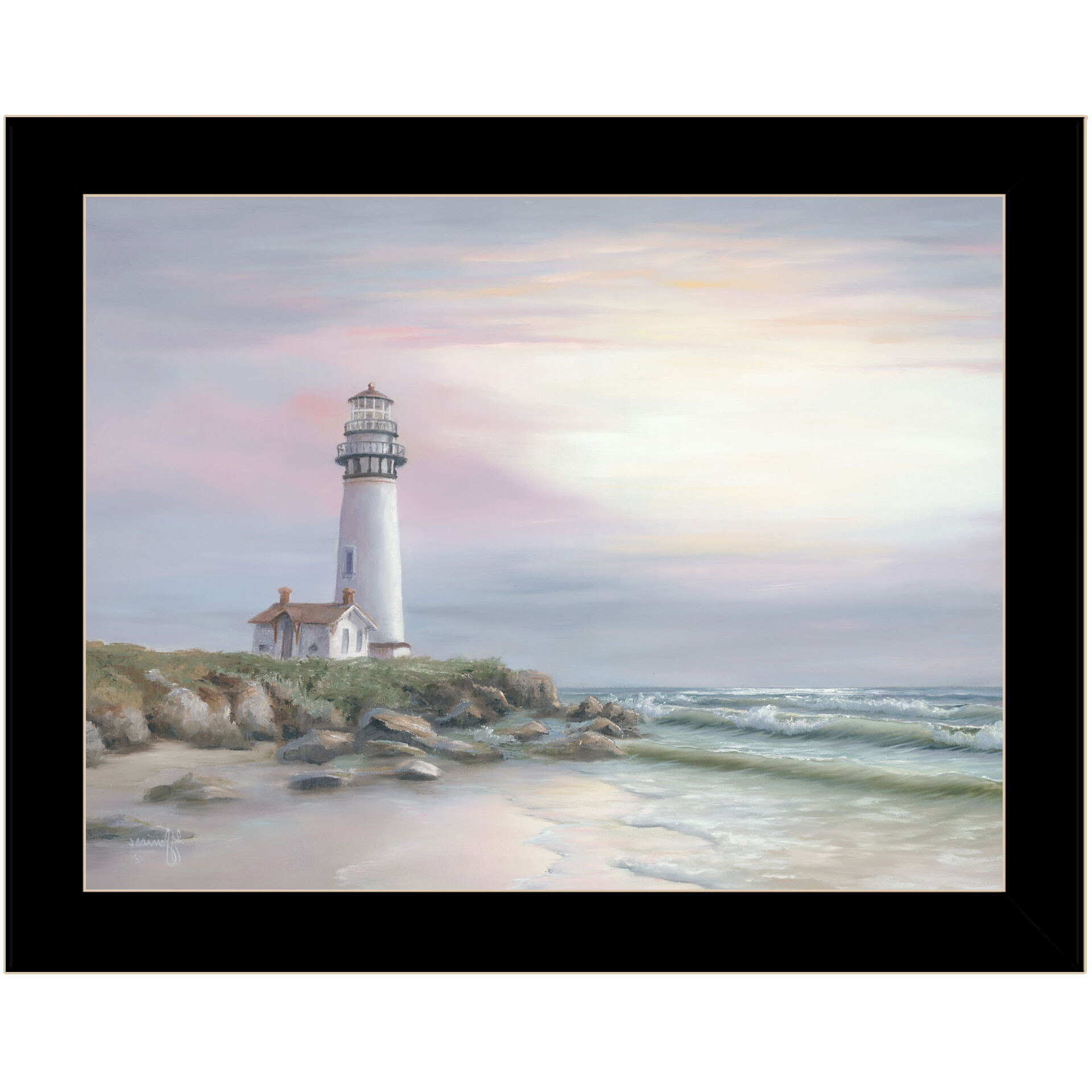 Lighthouse at Sunset Black Framed Print Wall Art