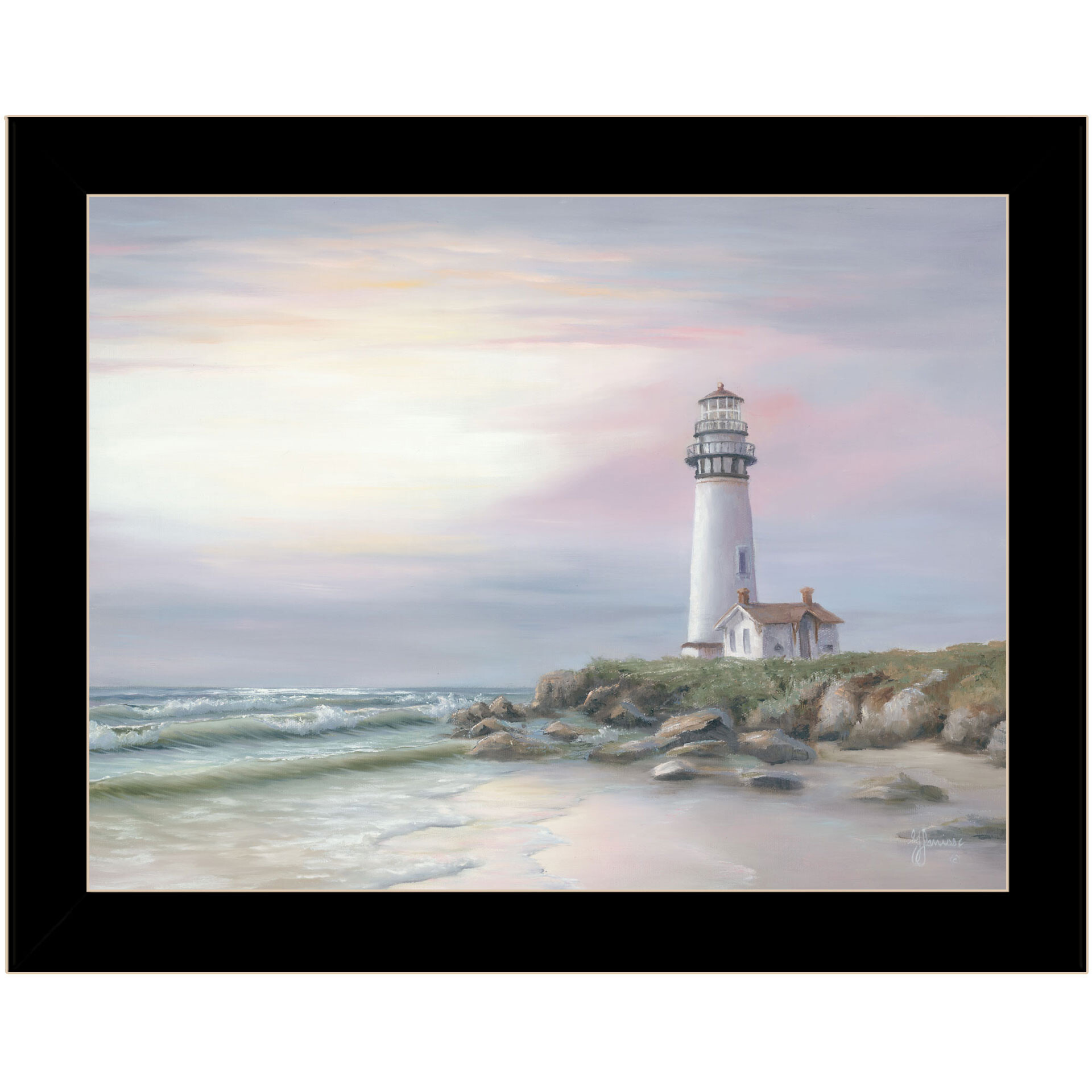Lighthouse at Sunset Black Framed Print Wall Art