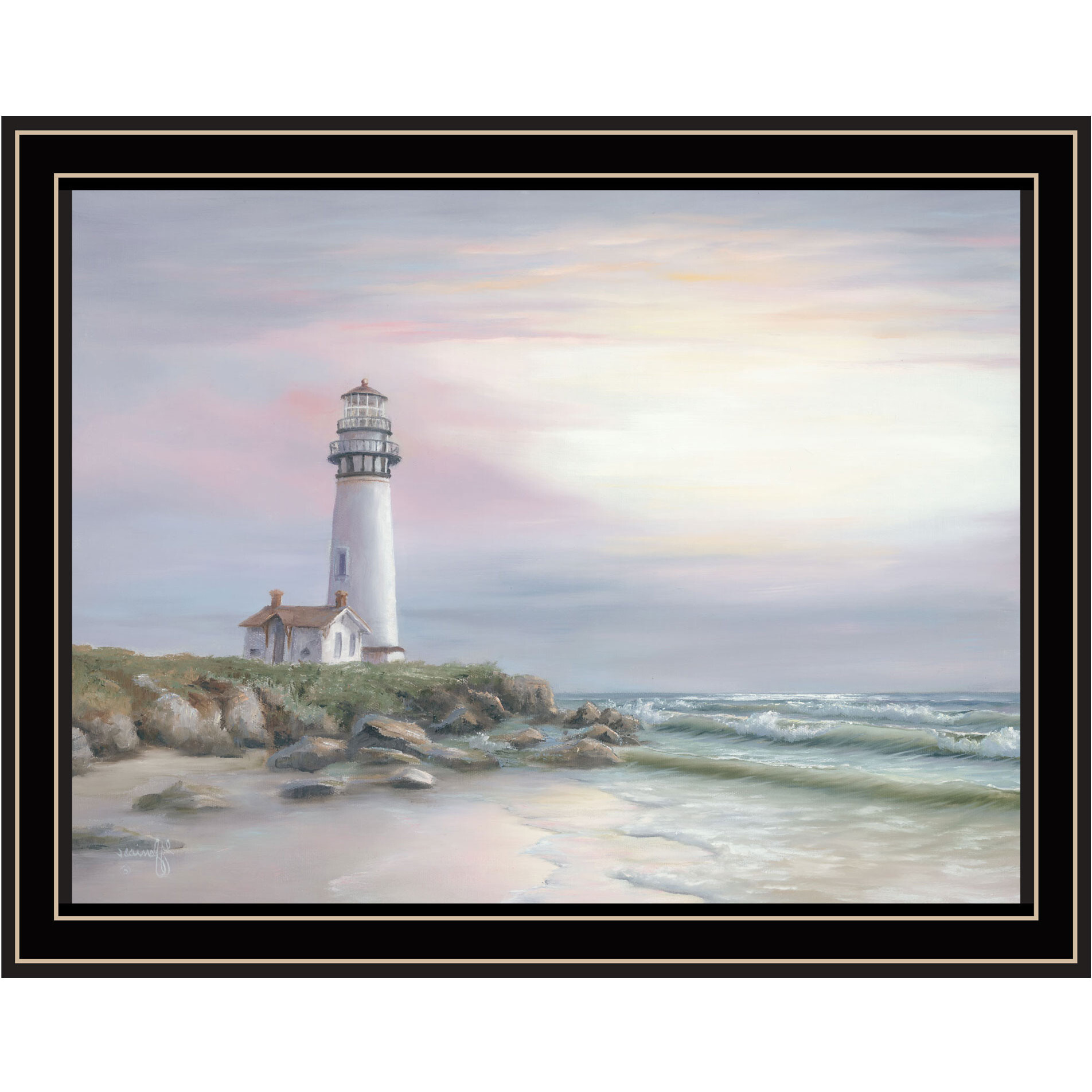 Lighthouse at Sunset Black Framed Print Wall Art