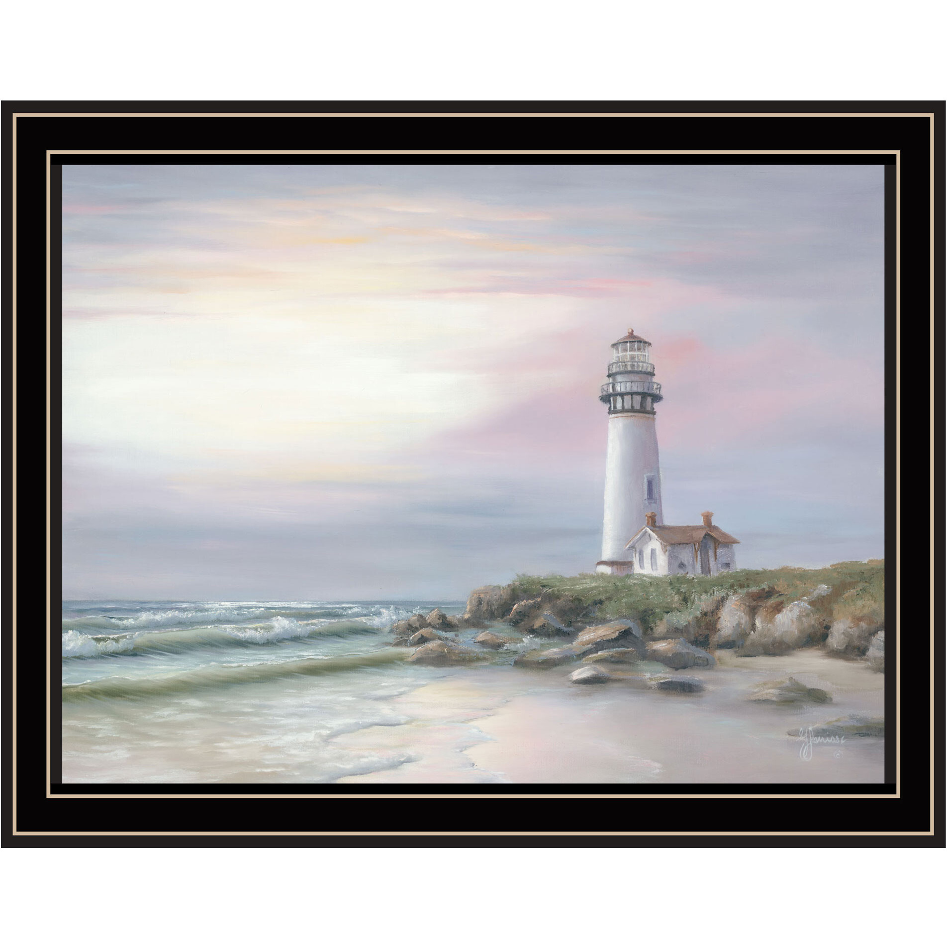 Lighthouse at Sunset Black Framed Print Wall Art