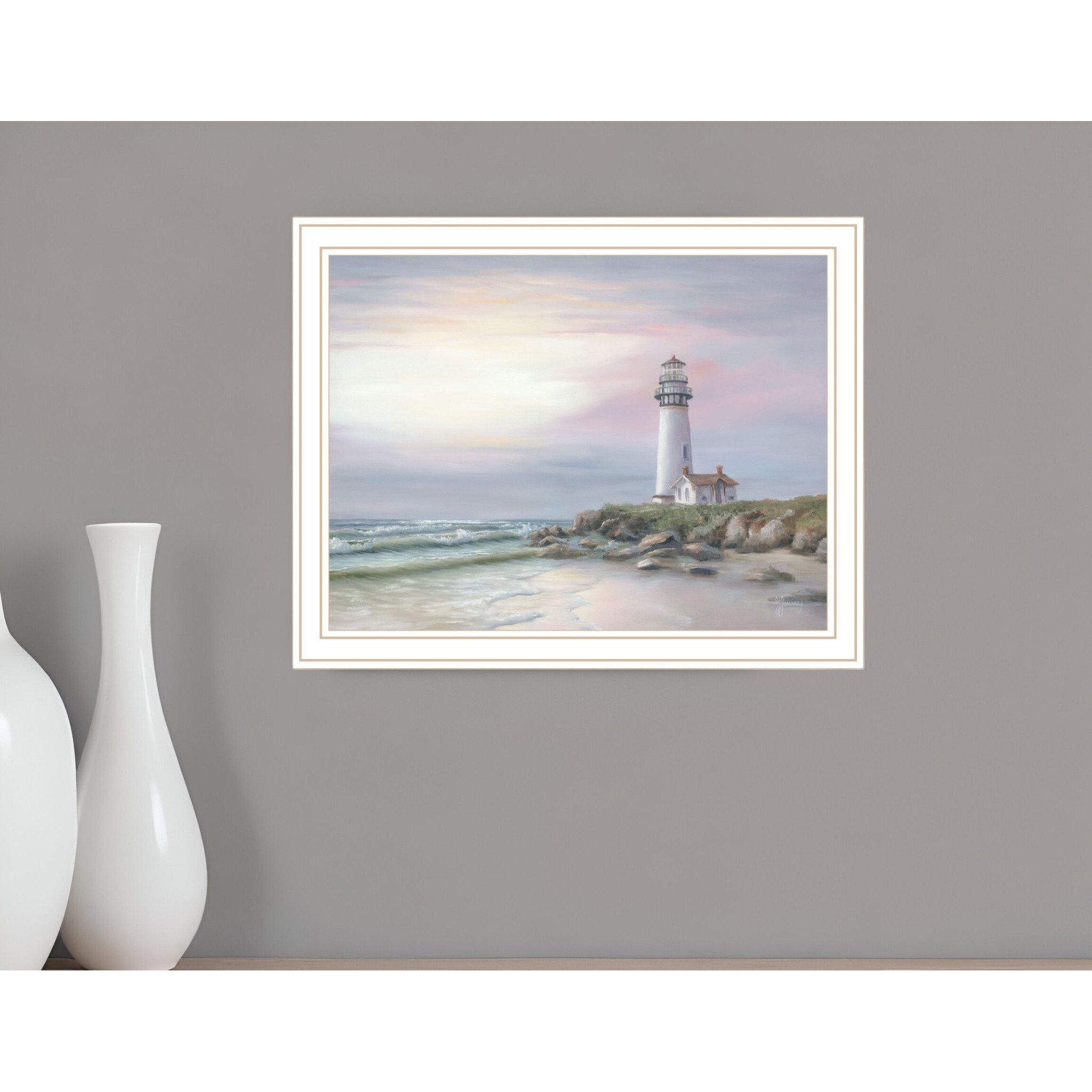 Lighthouse at Sunset White Framed Print Wall Art