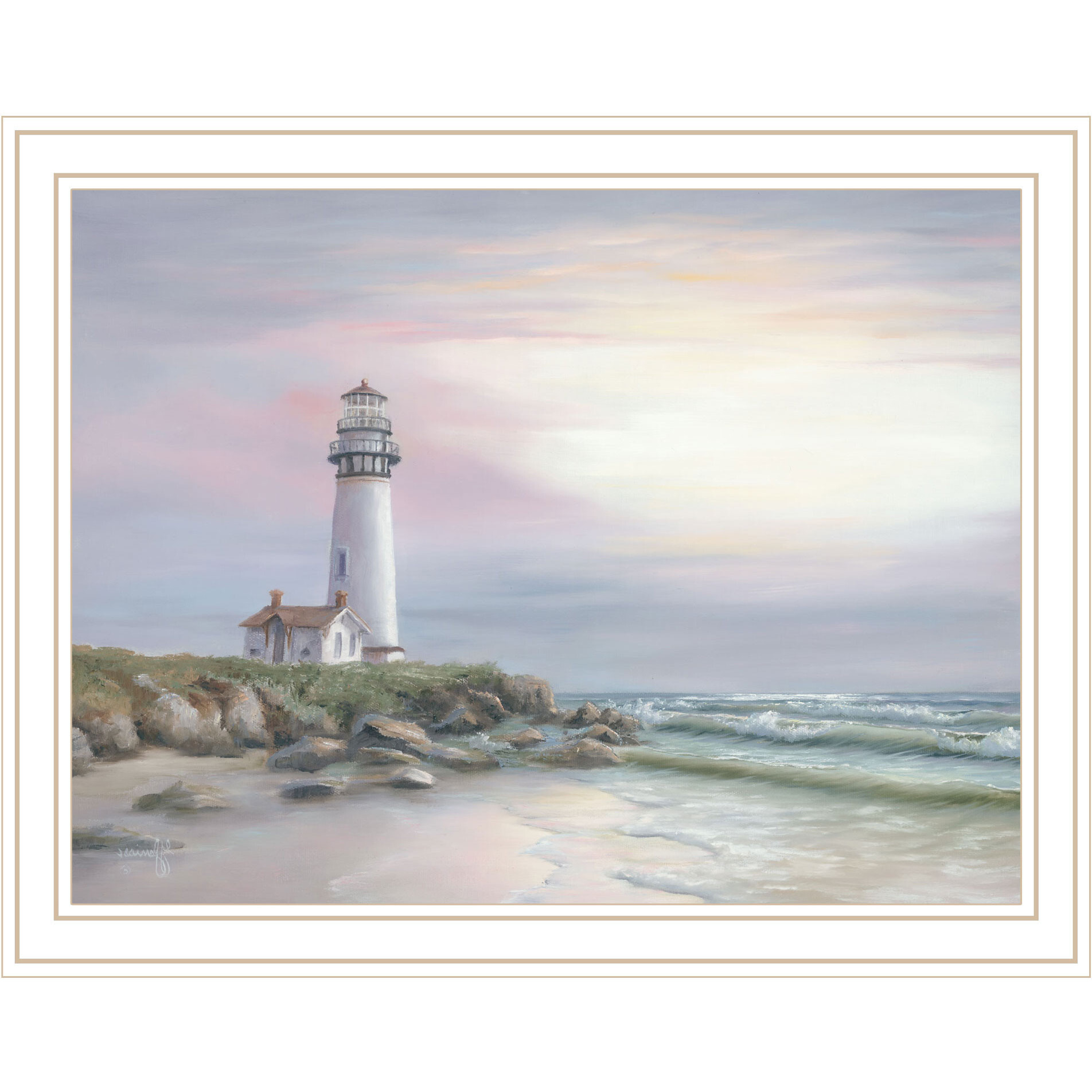 Lighthouse at Sunset White Framed Print Wall Art