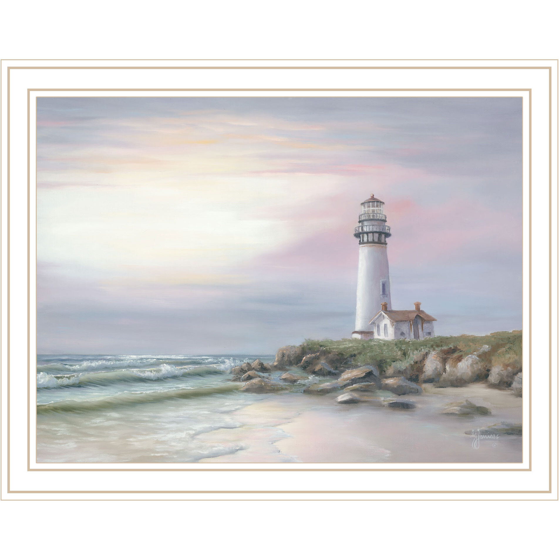 Lighthouse at Sunset White Framed Print Wall Art