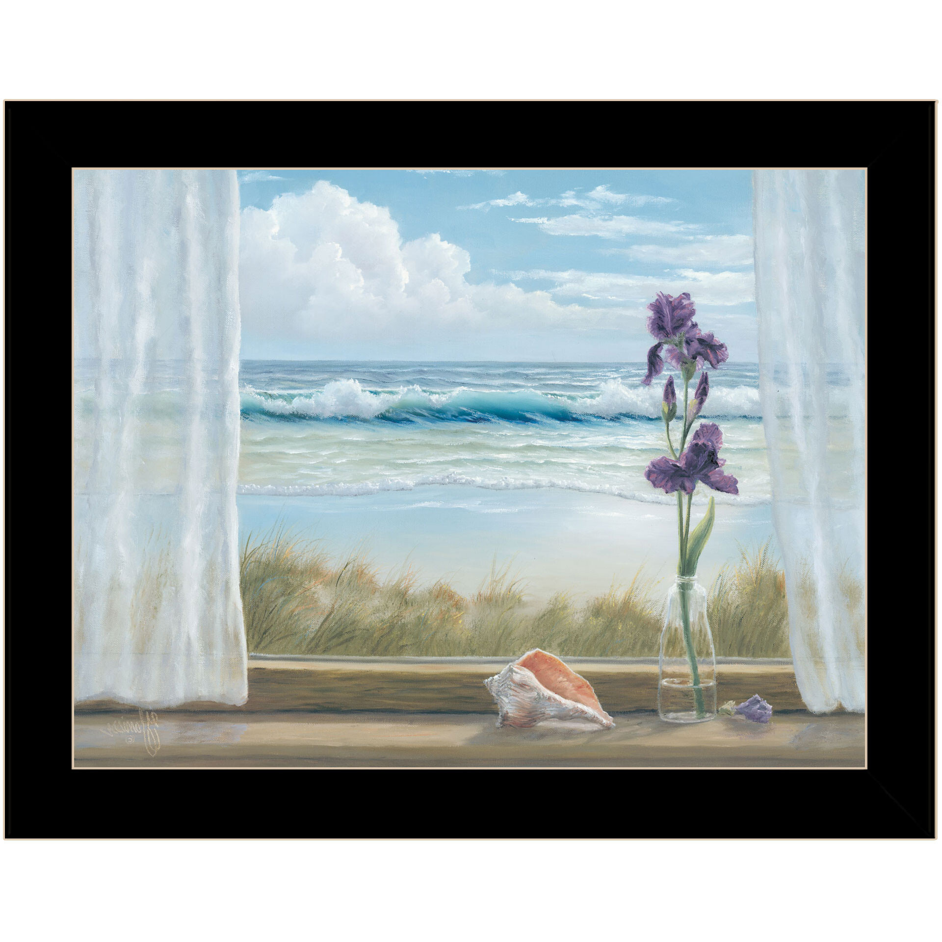 Irises on Windowsill Black Framed Print Wall Art