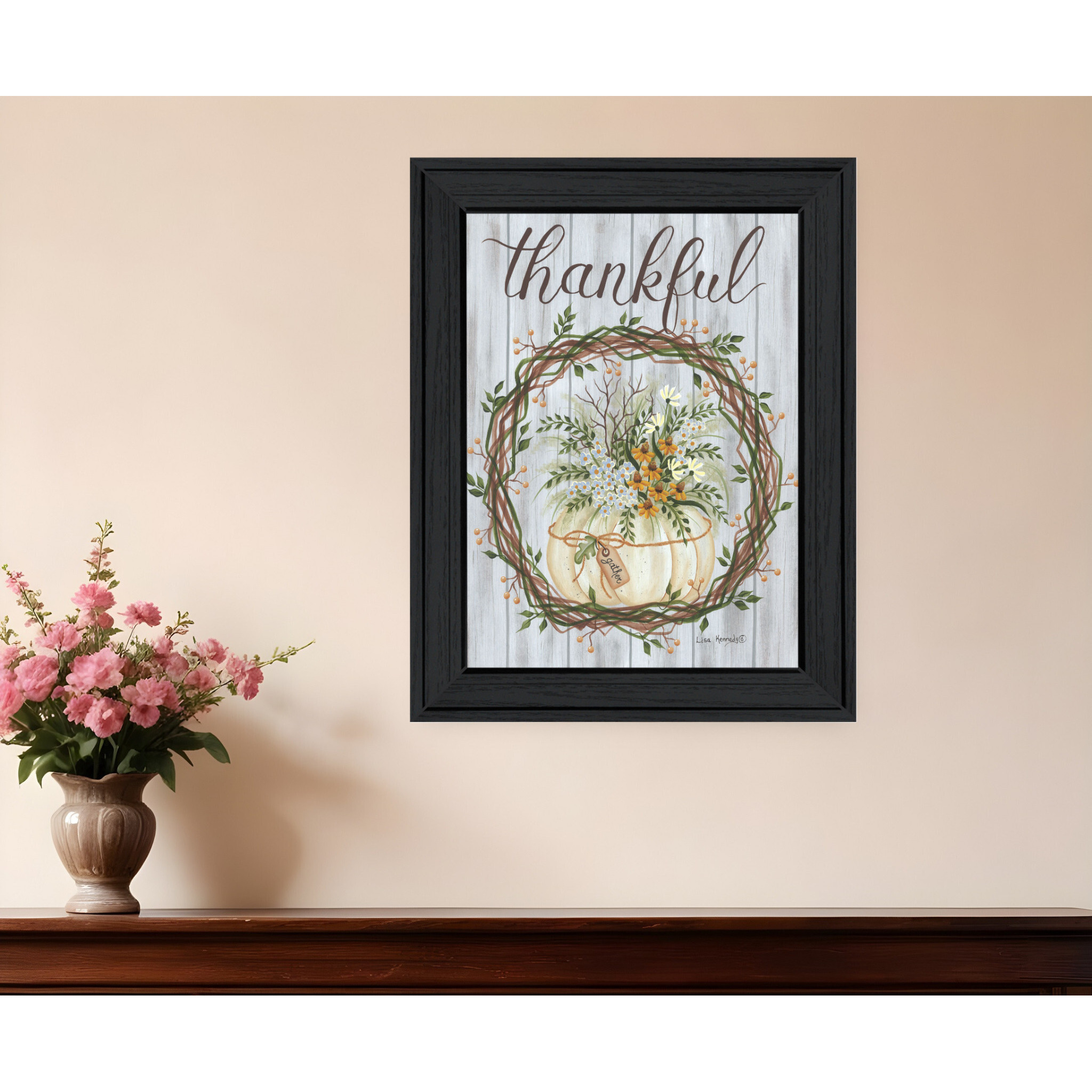 Thankful Wreath Black Framed Print Wall Art