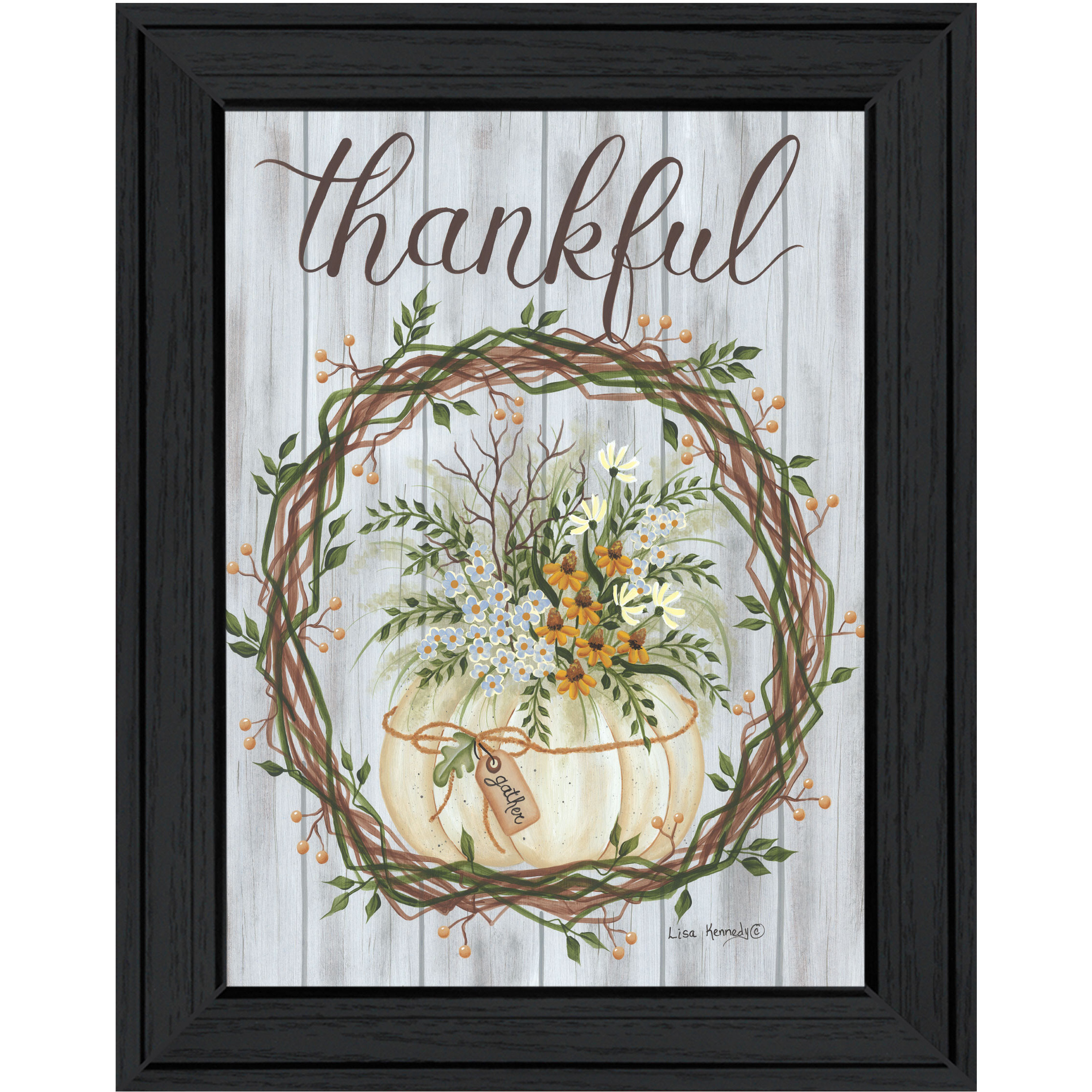 Thankful Wreath Black Framed Print Wall Art