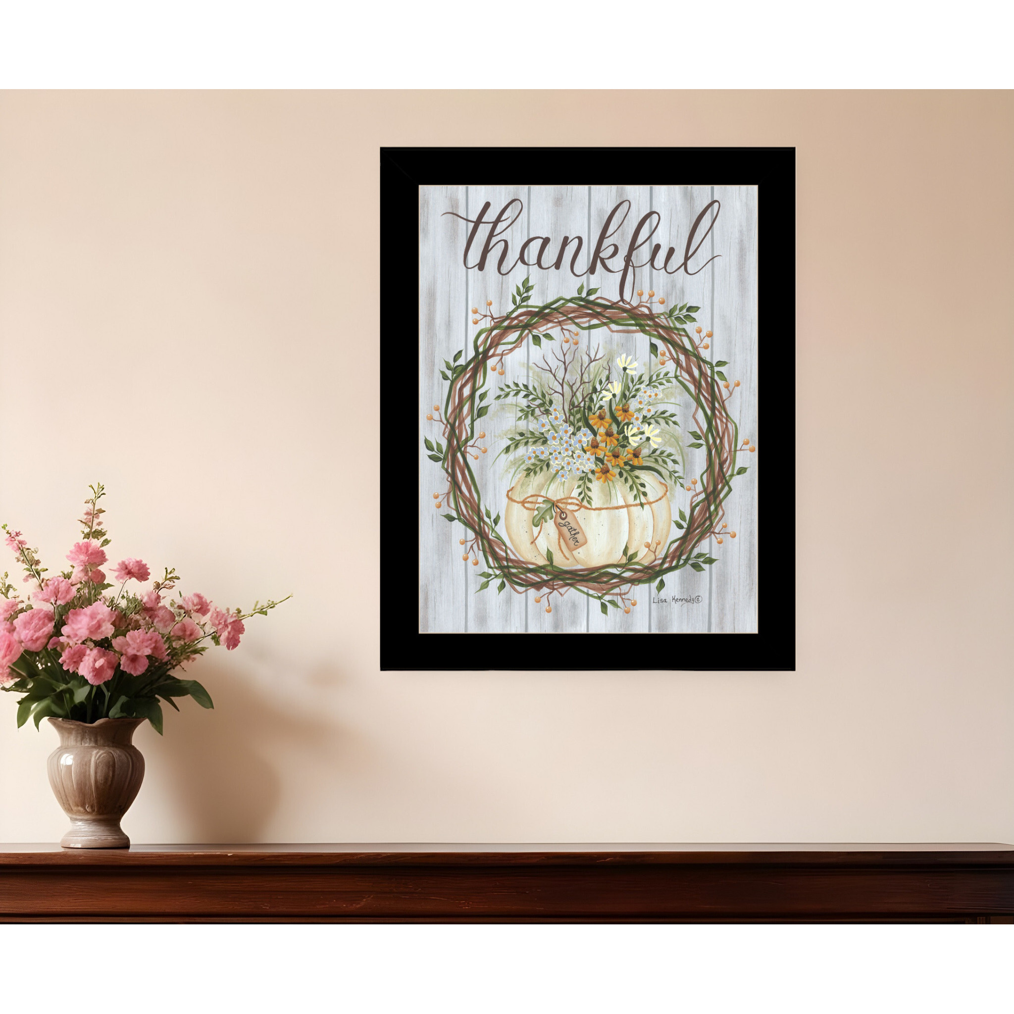 Thankful Wreath Black Framed Print Wall Art