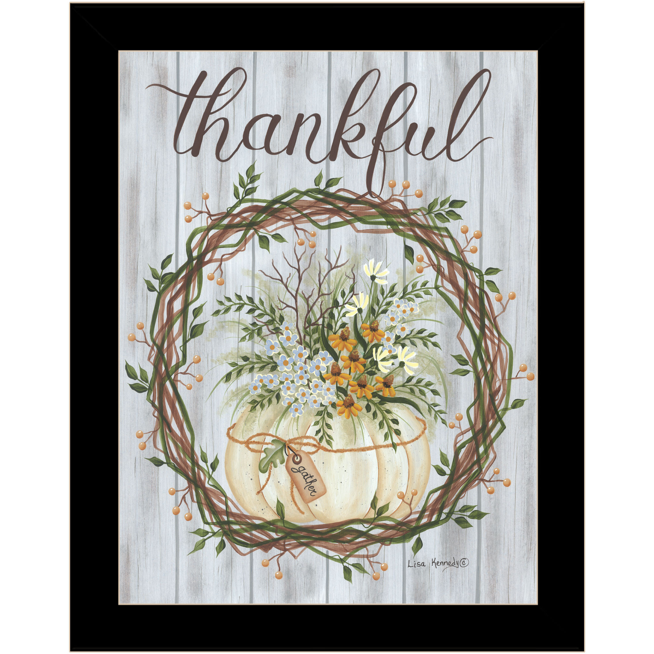 Thankful Wreath Black Framed Print Wall Art