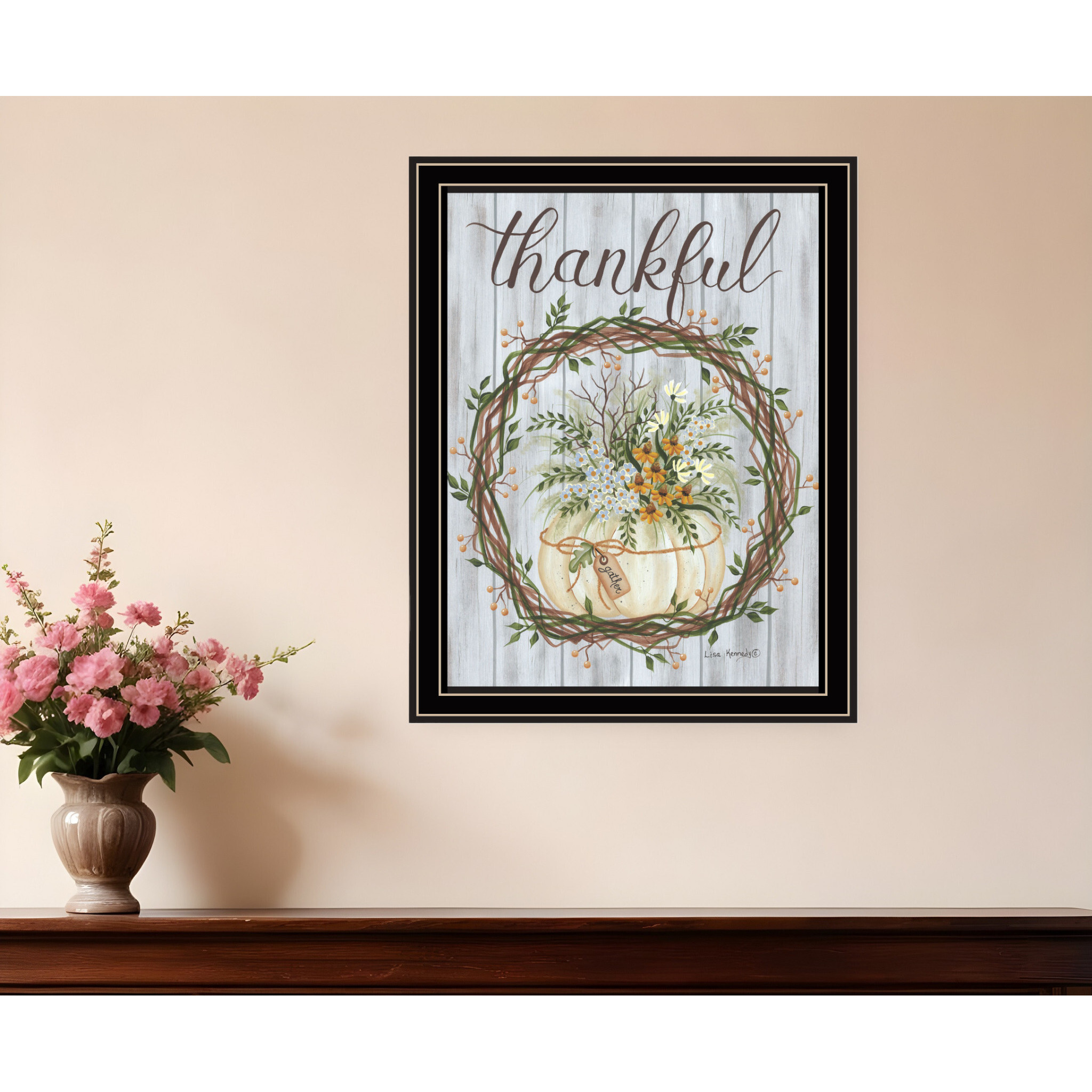 Thankful Wreath Black Framed Print Wall Art